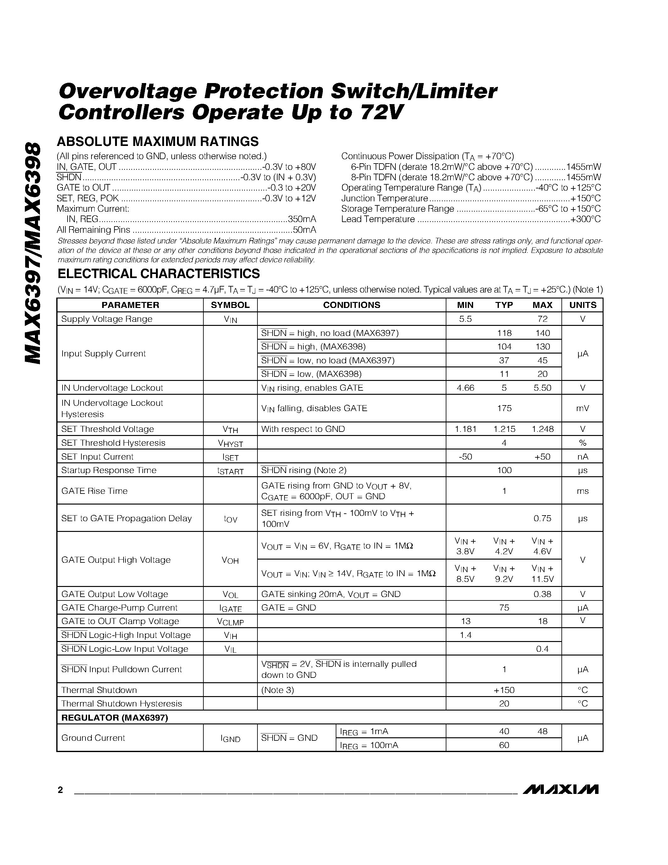 Datasheet MAX6397 page 2 Datasheet MAX6397 - (MAX6397 / MAX6398) Overvoltage Protection Switch/Limiter Controllers Operate Up to 72V page 2