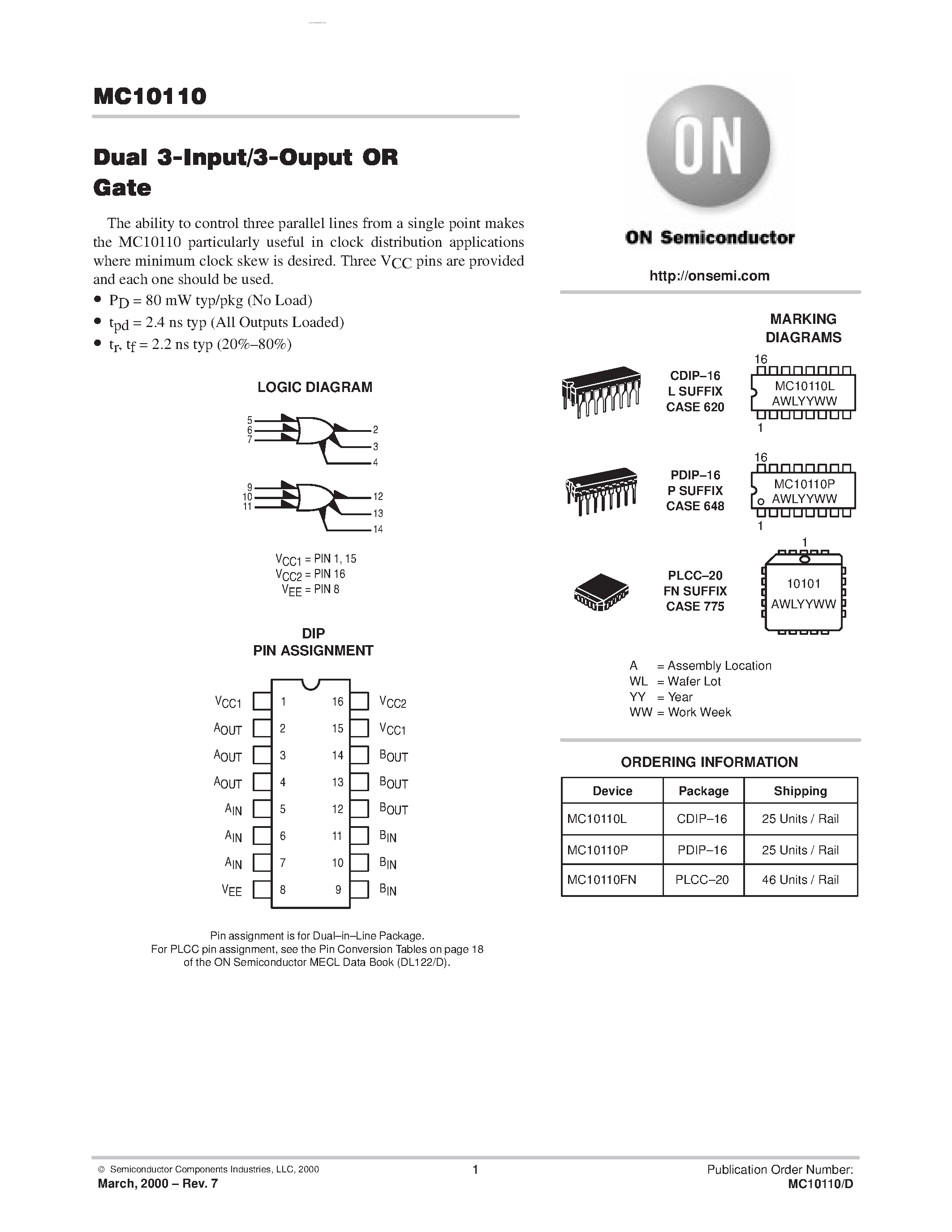 Даташит MC10110 - Dual 3-Input/3-Output OR Gate страница 1