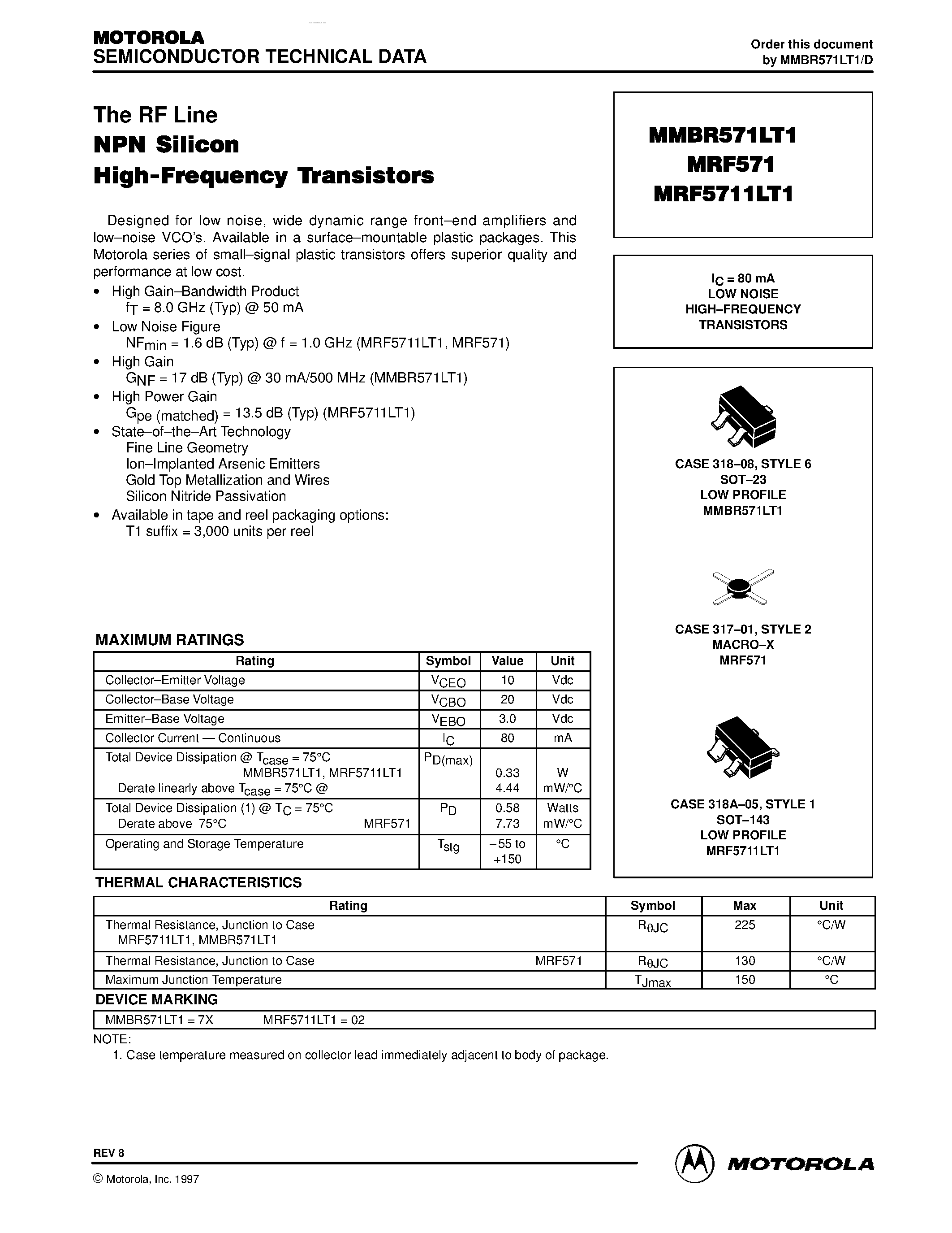 Datasheet MRF571 - (MRF571 / MRF5711LT1) NPN Silicon High-Frequency Transistors page 1