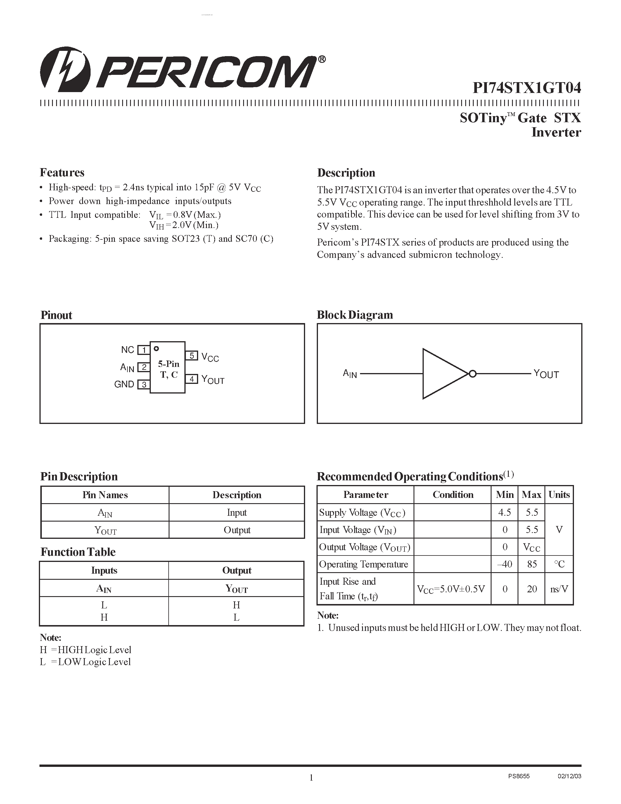 Даташит PI74STX1GT04 - SOTiny Gate STX Inverter страница 1