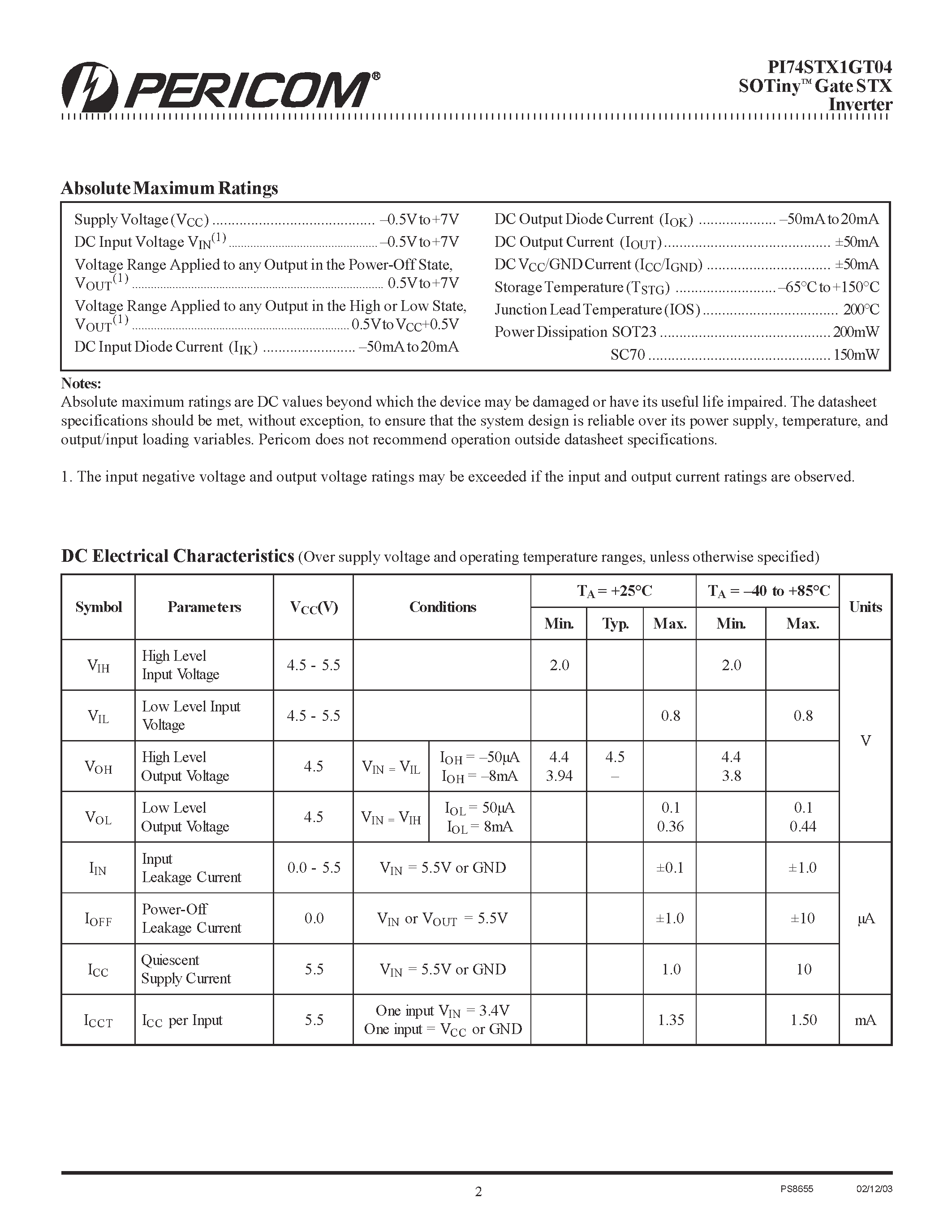 Даташит PI74STX1GT04 - SOTiny Gate STX Inverter страница 2