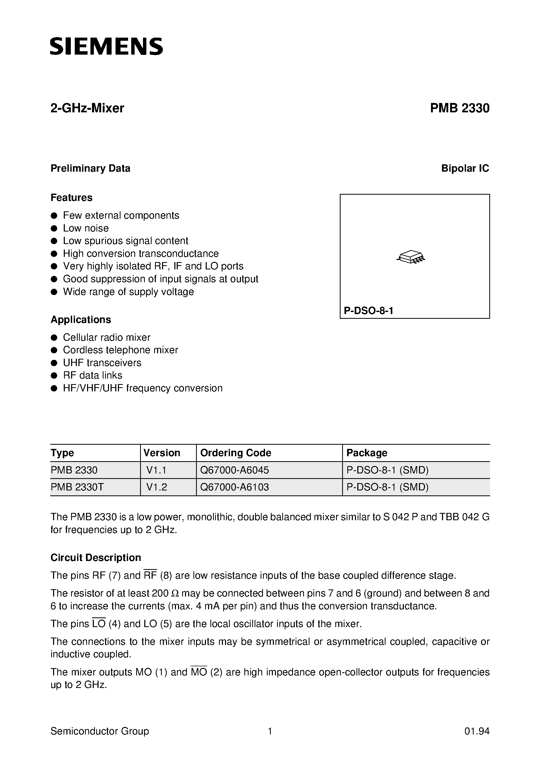 Datasheet PMB2330 - 2-GHz-Mixer page 1