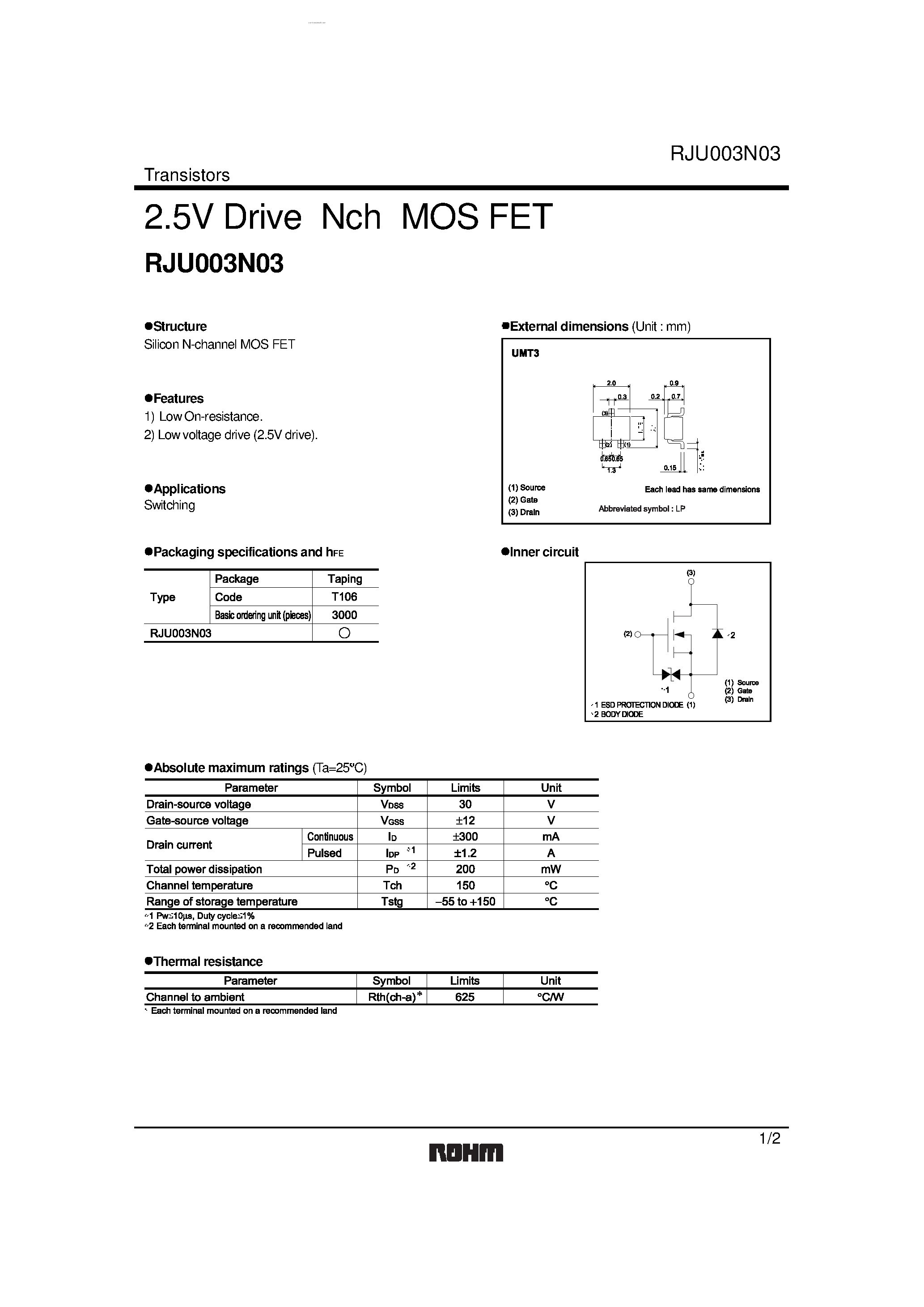 Datasheet RJU003N03 page 1 Datasheet RJU003N03 - 2.5V Drive Nch MOS FET page 1