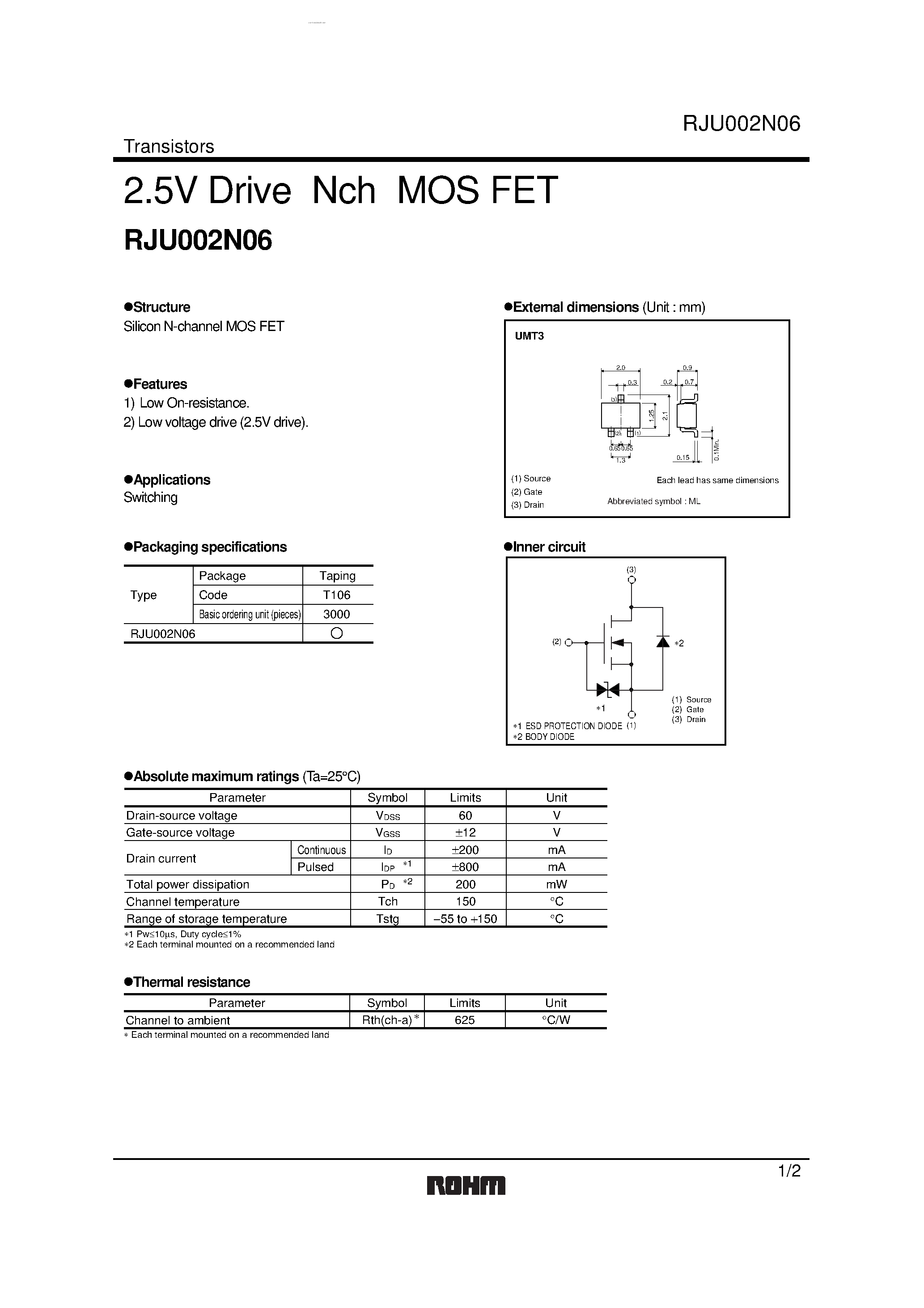 Datasheet RJU002N06 page 1 Datasheet RJU002N06 - 2.5V Drive Nch MOS FET page 1