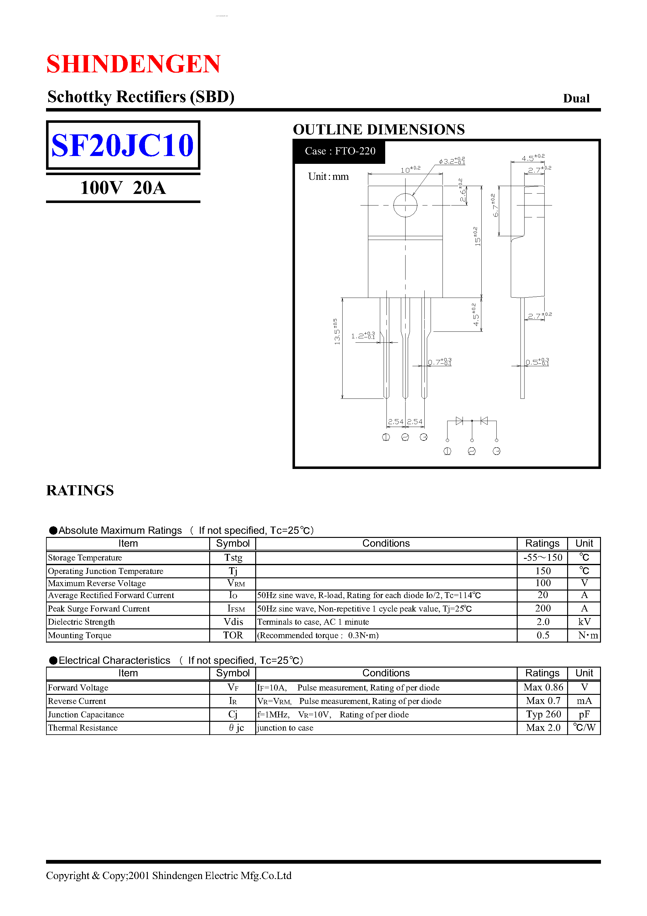 Datasheet SF20JC10 page 1 Datasheet SF20JC10 - Schottky Rectifiers page 1