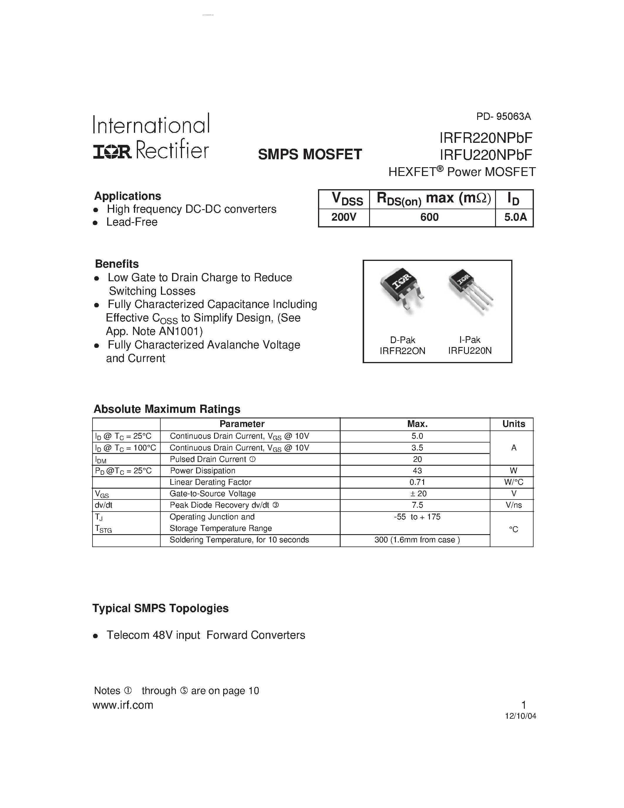 Datasheet IRFR220NPBF - (IRFR220NPBF / IRFU220NPBF) HEXFET Power MOSFET page 1