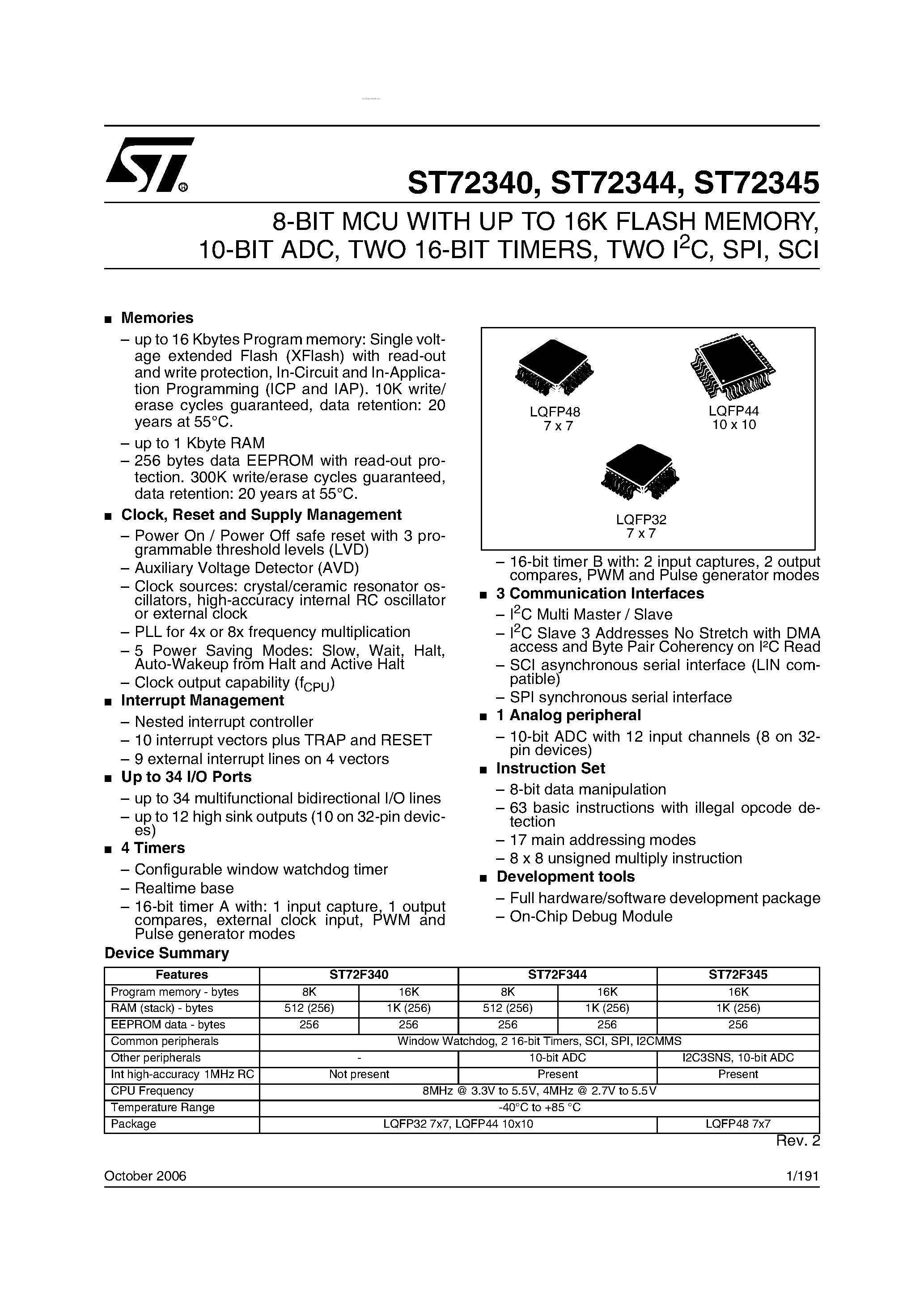 Datasheet ST72340 page 1 Datasheet ST72340 - (ST72340 - ST72345) 8-BIT MCU page 1