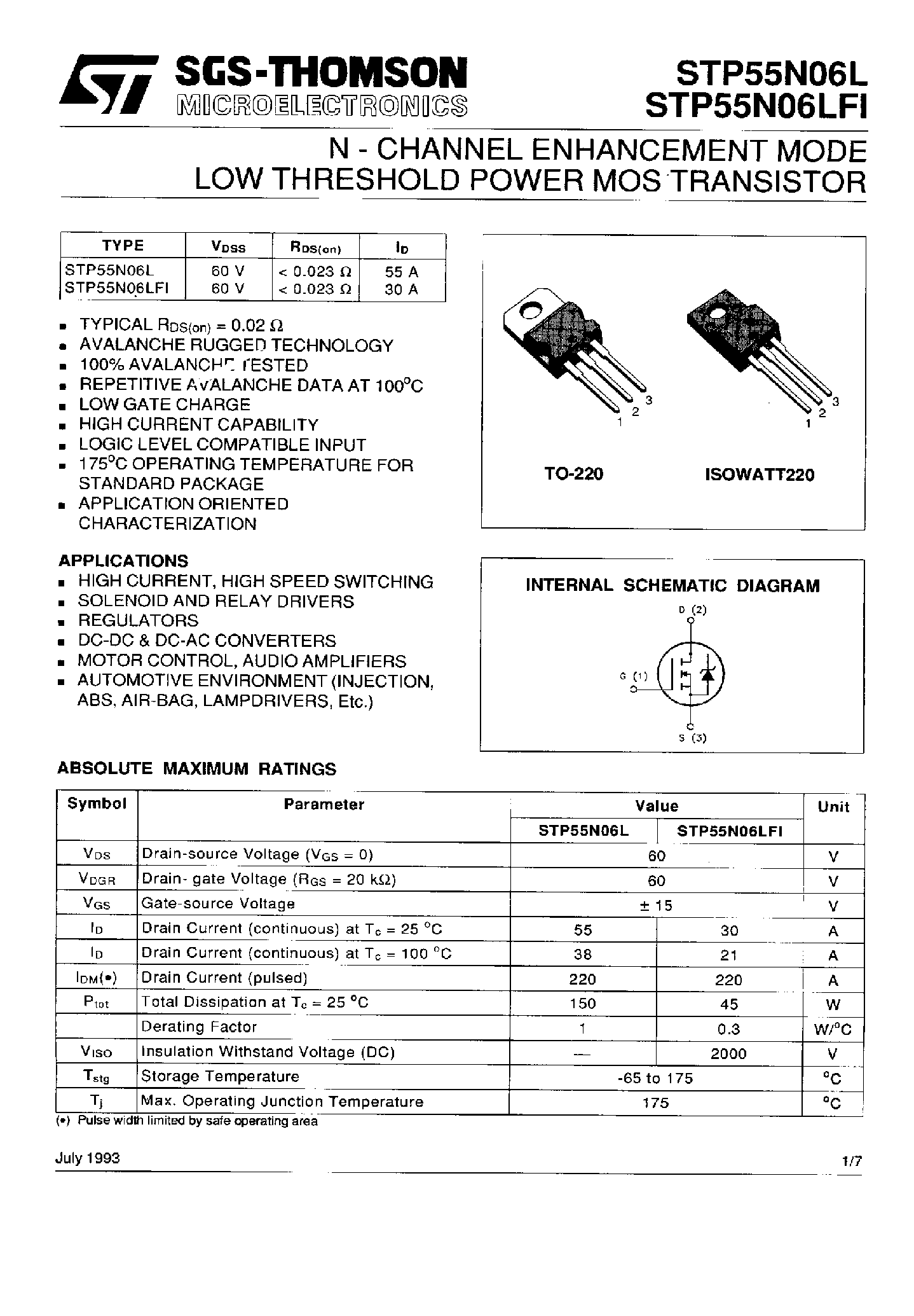 Datasheet STP55N06L page 1 Datasheet STP55N06L - N-CHANNEL ENHANCEMENT MODE LOW THRESHOLD POWER MOS TRANSISTOR page 1
