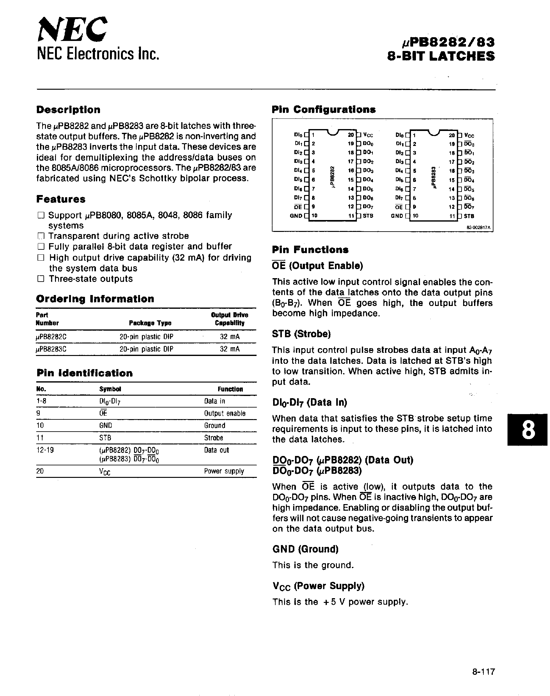 Даташит UPB8282 - (UPB8282 / UPB8283) 8-BIT LATCHES страница 1