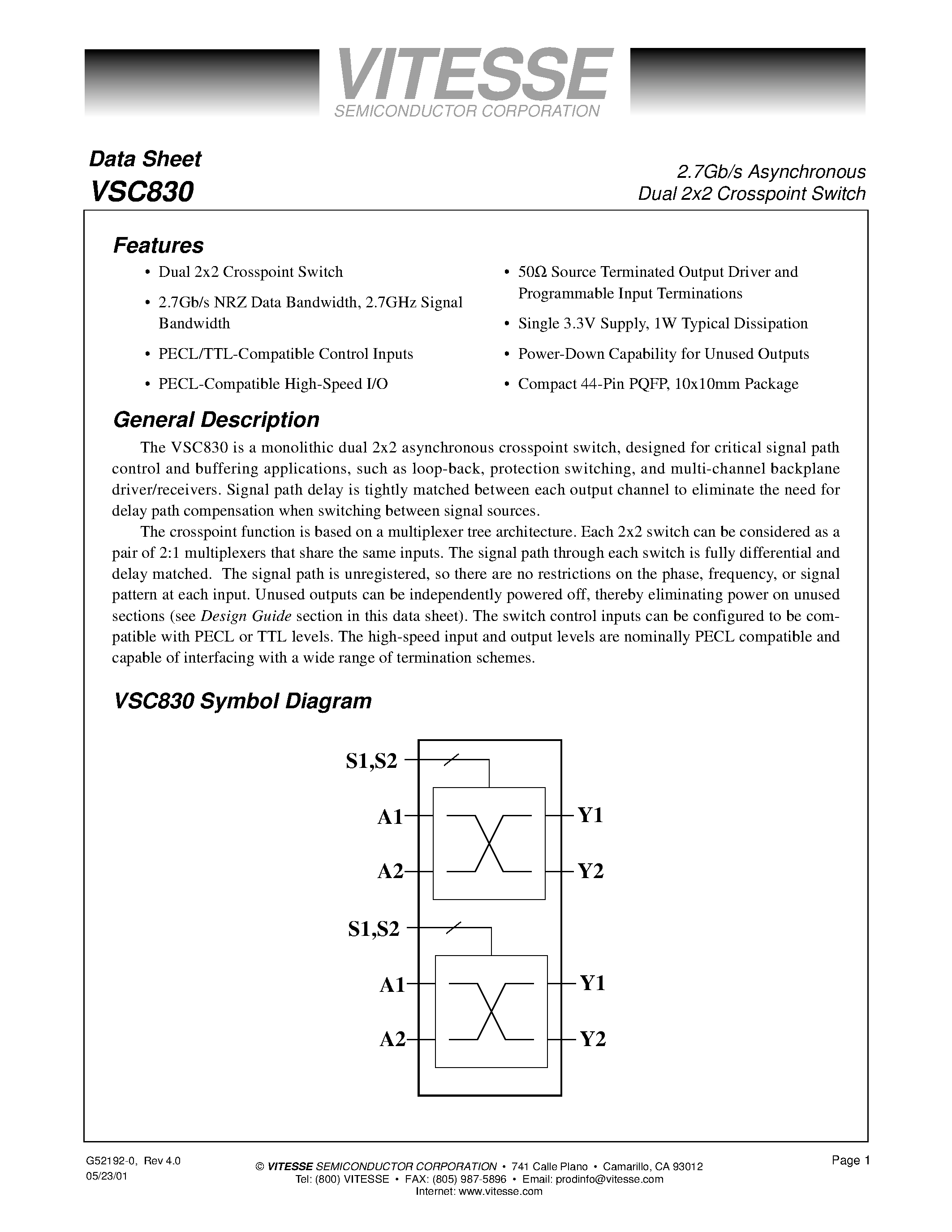 Datasheet VSC830 - 2.7Gb/s Asynchronous Dual 2x2 Crosspoint Switch page 1