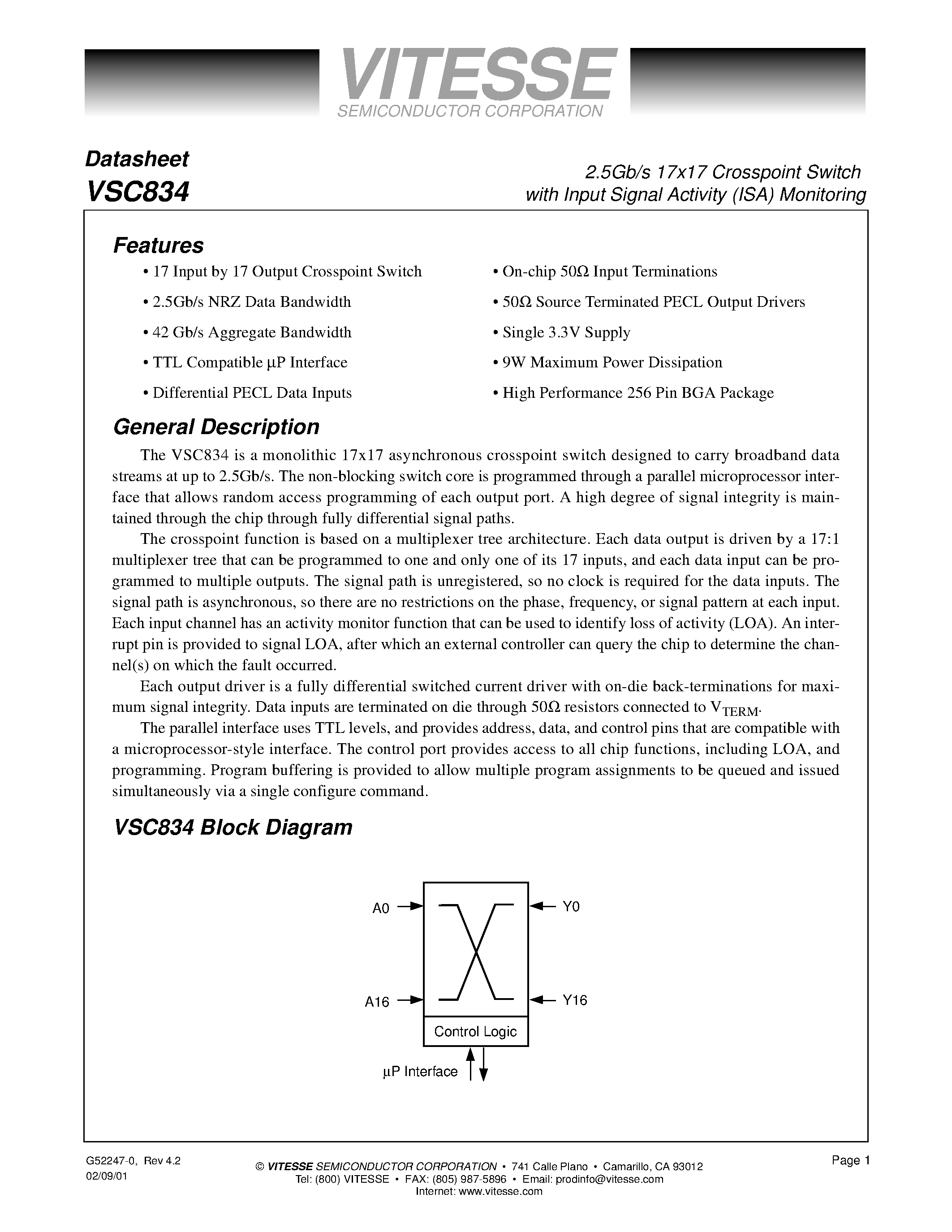 Datasheet VSC834 - 2.5Gb/s 17 x 17 Crosspoint Switch page 1