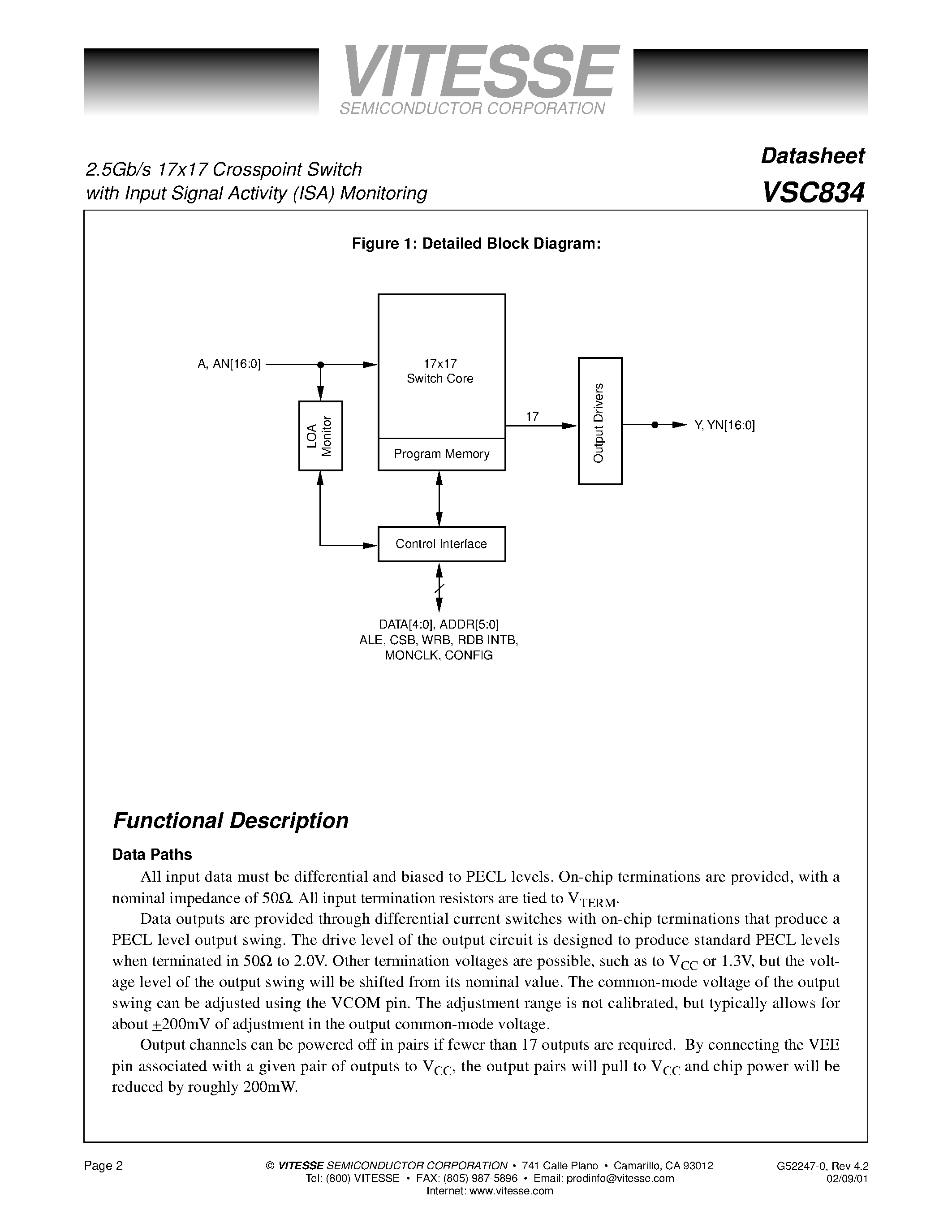 Datasheet VSC834 - 2.5Gb/s 17 x 17 Crosspoint Switch page 2