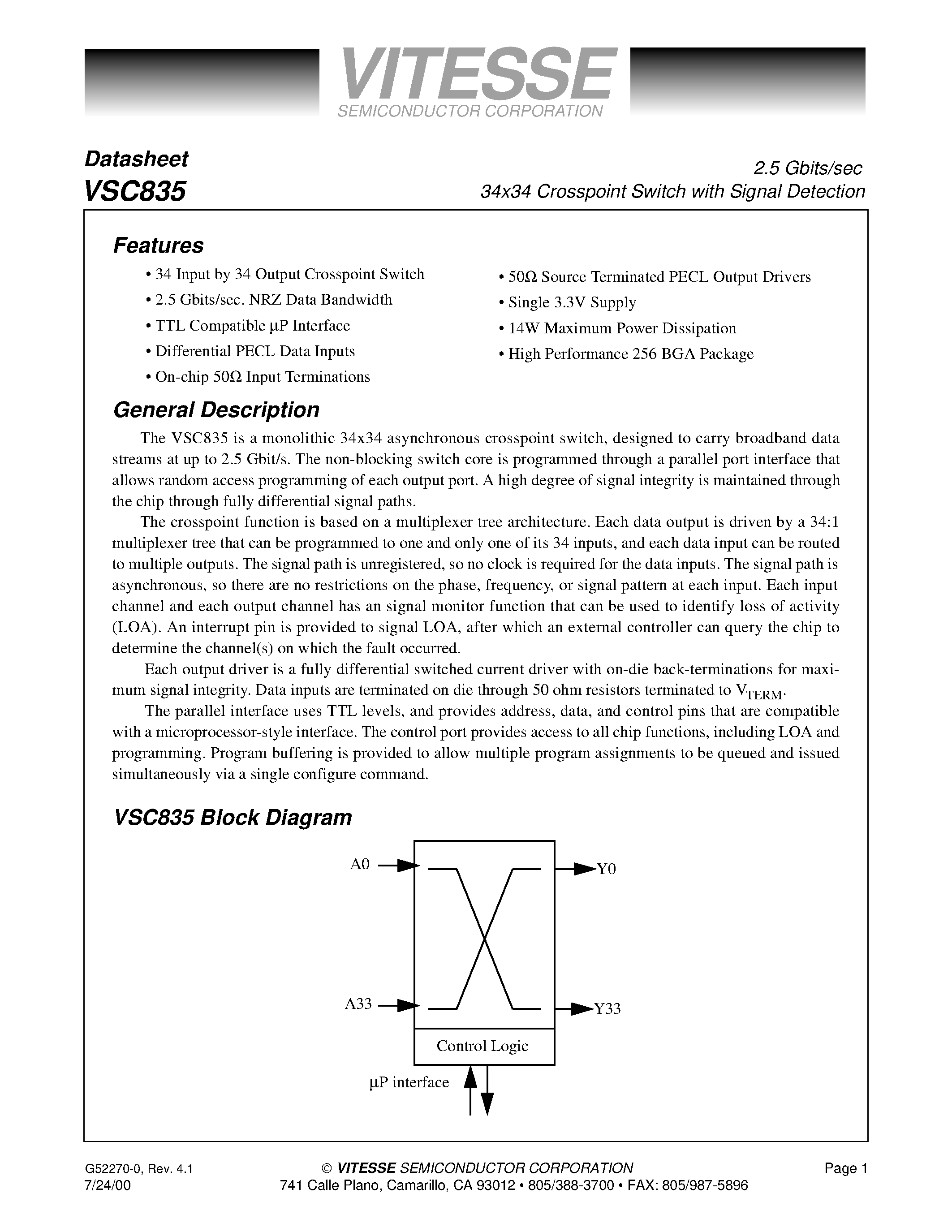 Datasheet VSC835 - 34x34 Crosspoint Switch page 1