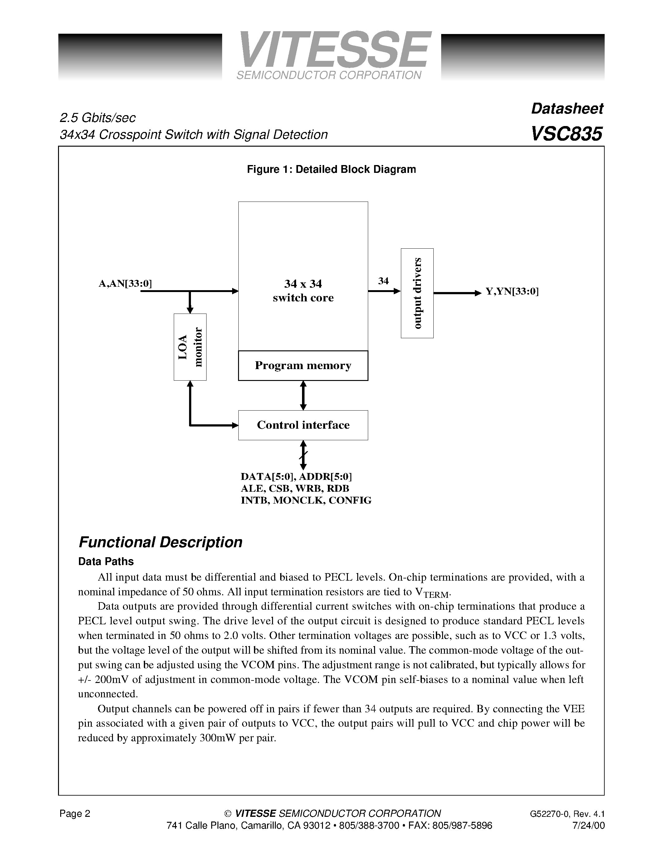 Datasheet VSC835 - 34x34 Crosspoint Switch page 2
