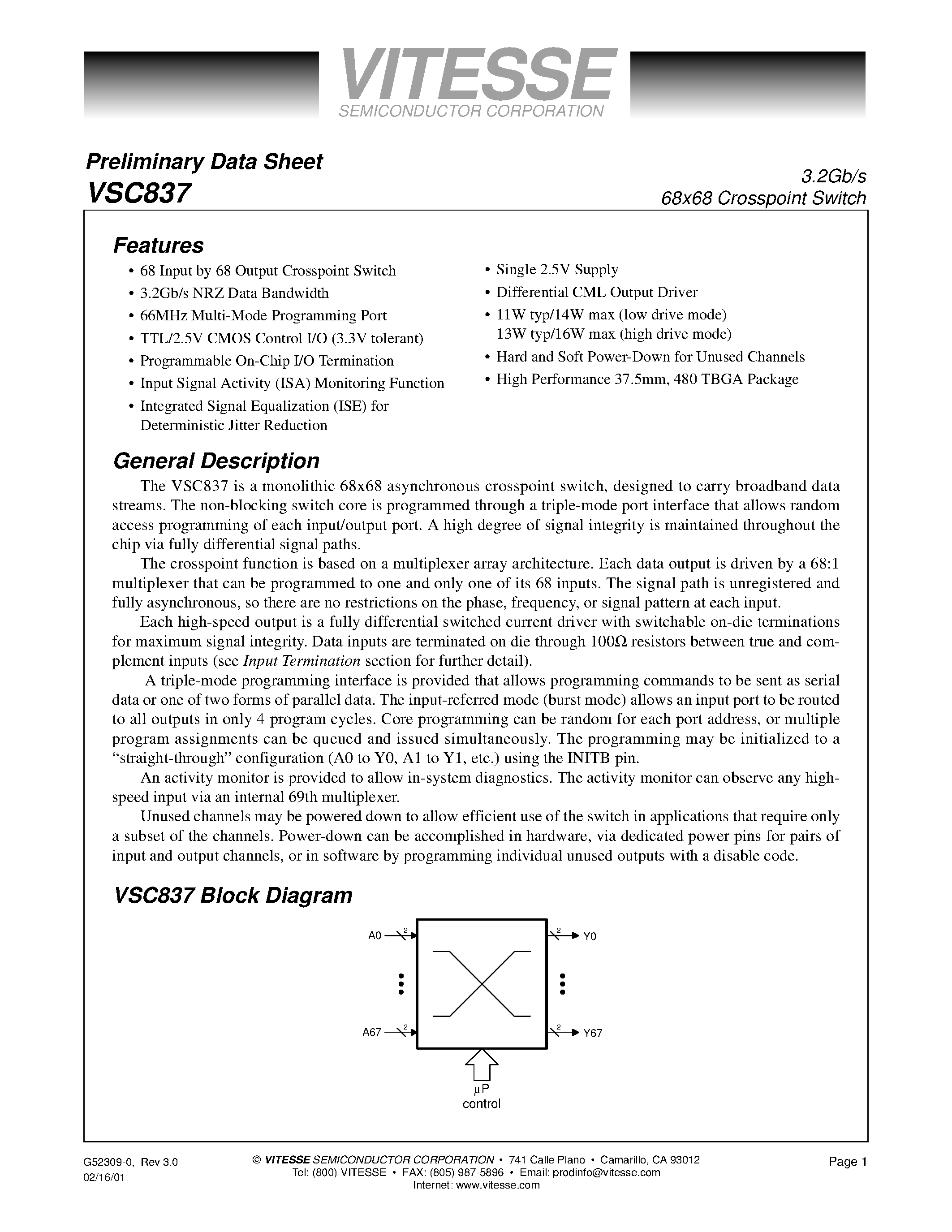 Datasheet VSC837 page 1 Datasheet VSC837 - 3.2Gb/s 68x68 Crosspoint Switch page 1