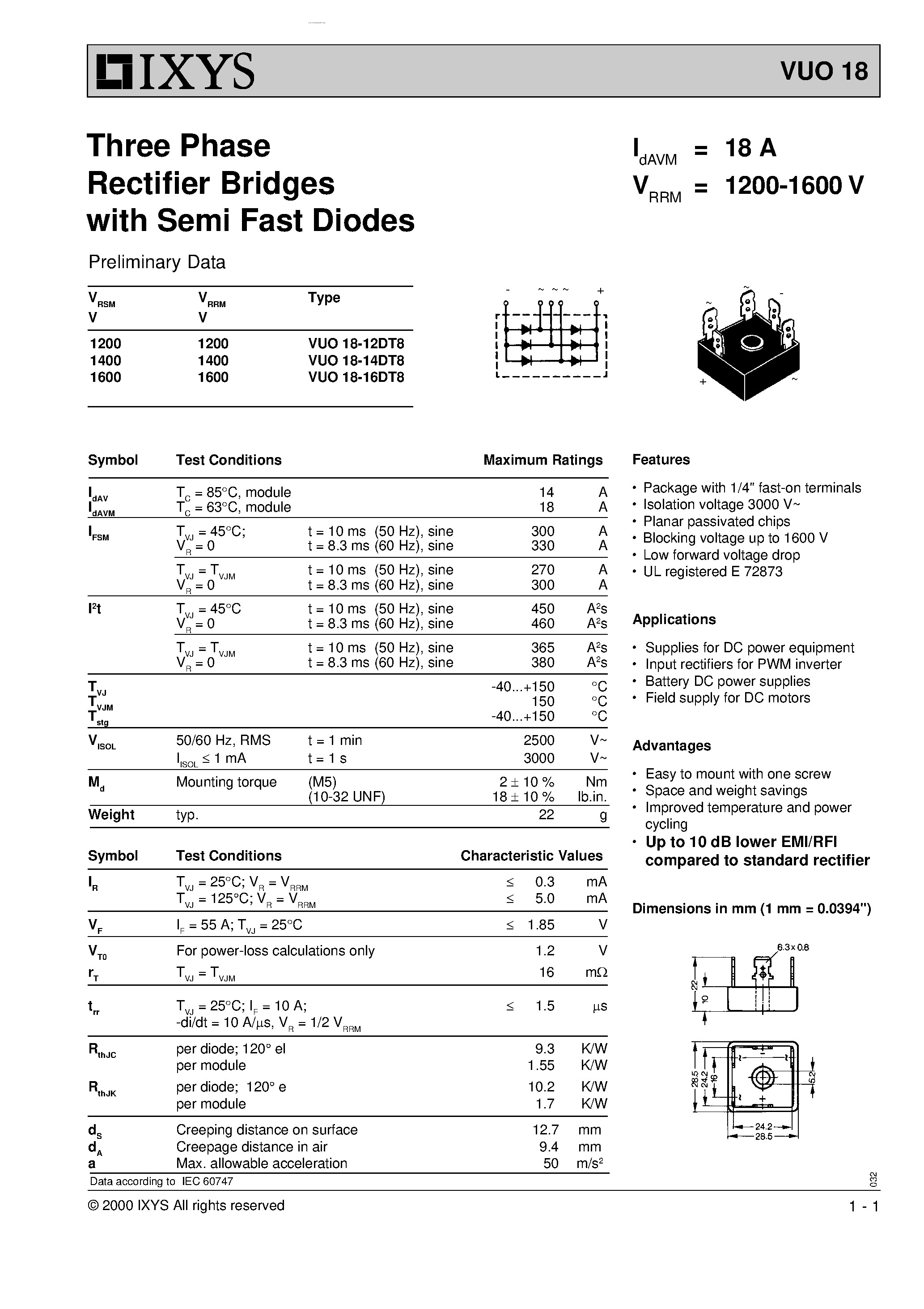 Datasheet VUO18 page 1 Datasheet VUO18 - Three Phase Rectifier Bridges page 1