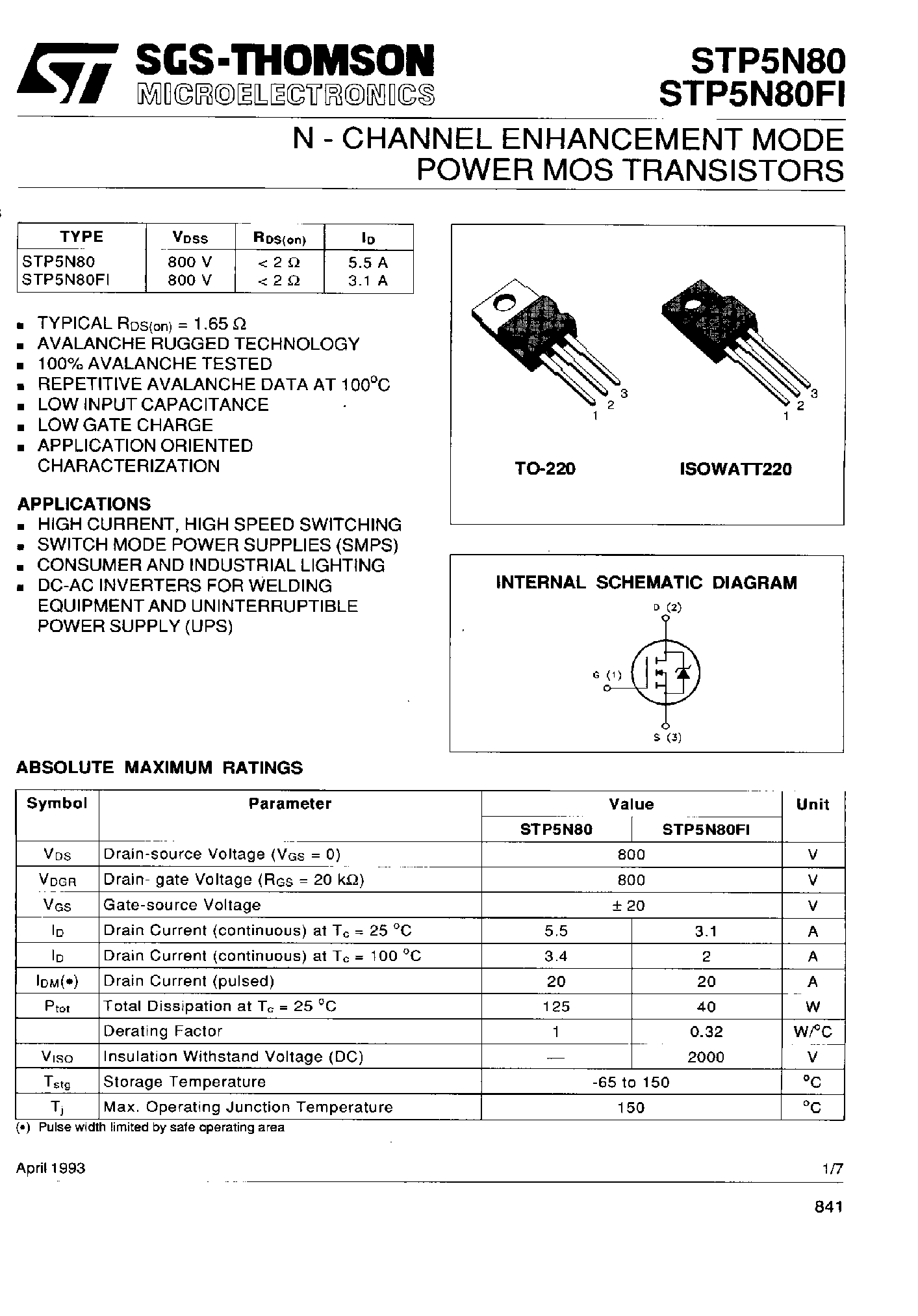 Datasheet STP5N80 - N-CHANNEL ENHANCEMENT MODE POWER MOS TRANSISTORS page 1