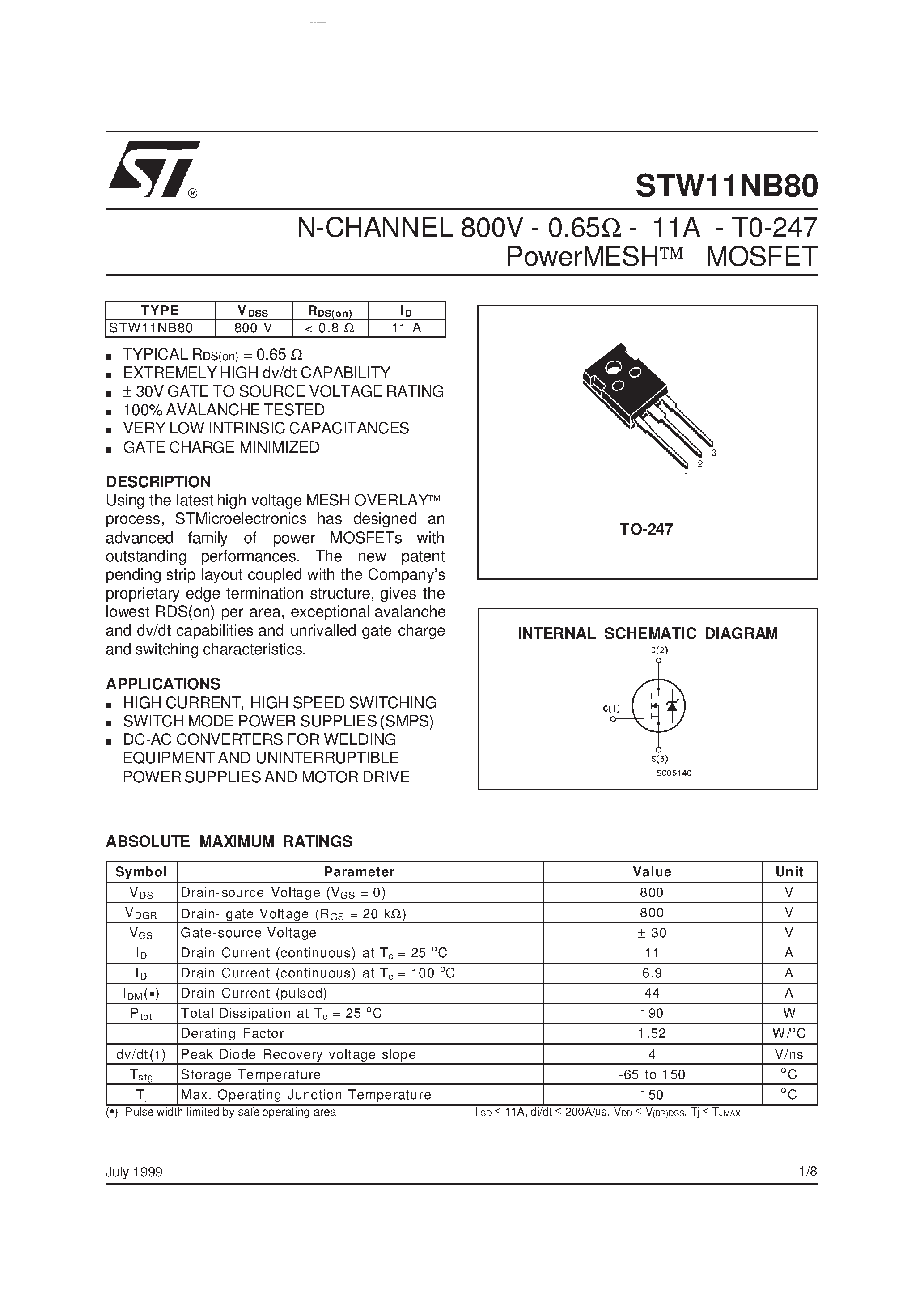 Datasheet STW11NB80 page 1 Datasheet STW11NB80 - N-CHANNEL PowerMESH MOSFET page 1