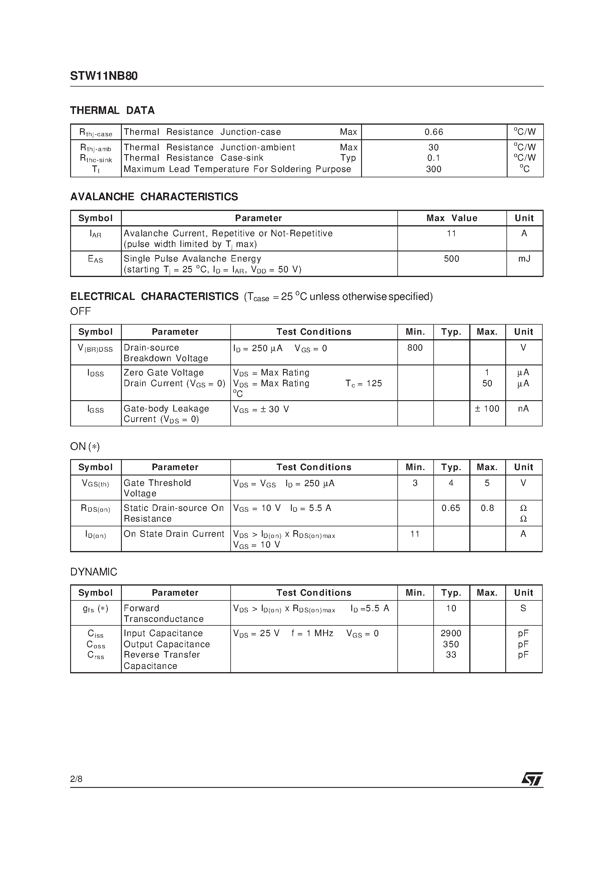 Datasheet STW11NB80 page 2 Datasheet STW11NB80 - N-CHANNEL PowerMESH MOSFET page 2