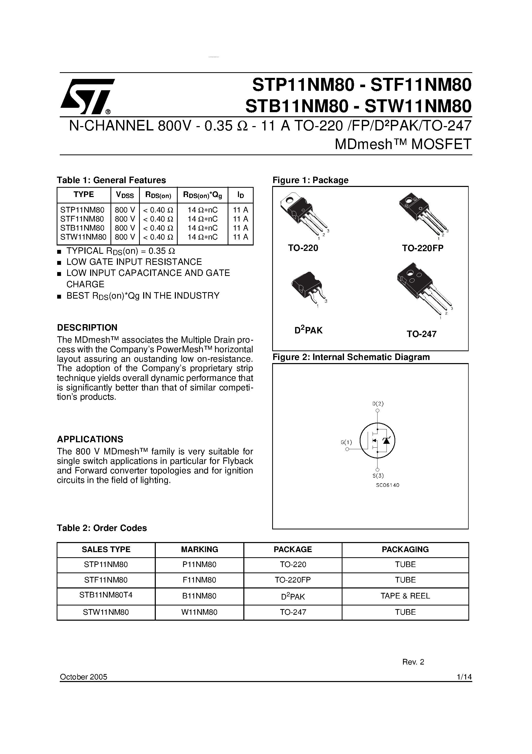 Datasheet STB11NM80 - N-CHANNEL MDmesh Power MOSFET page 1