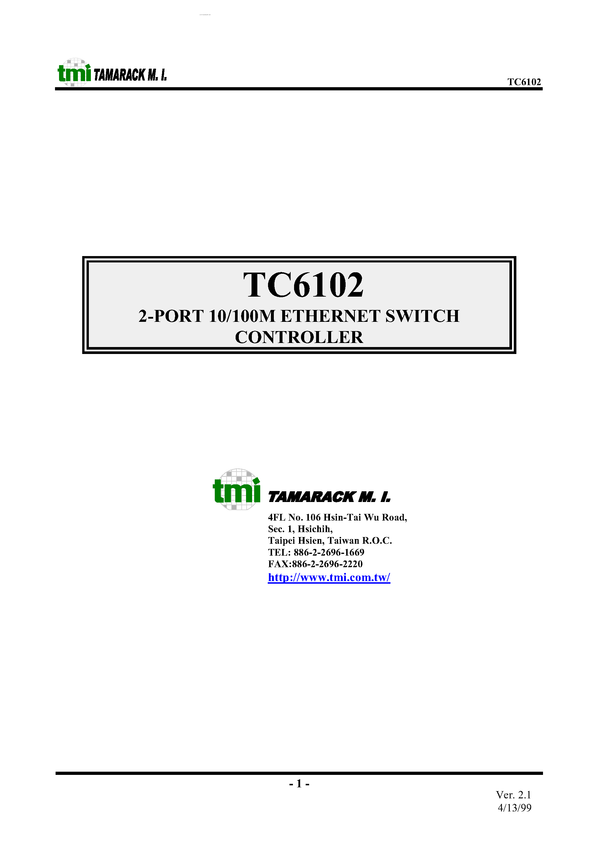 Даташит TC6102 - 2 PORT 10/100 M ETHERNET SWITCH CONTROLLER страница 1