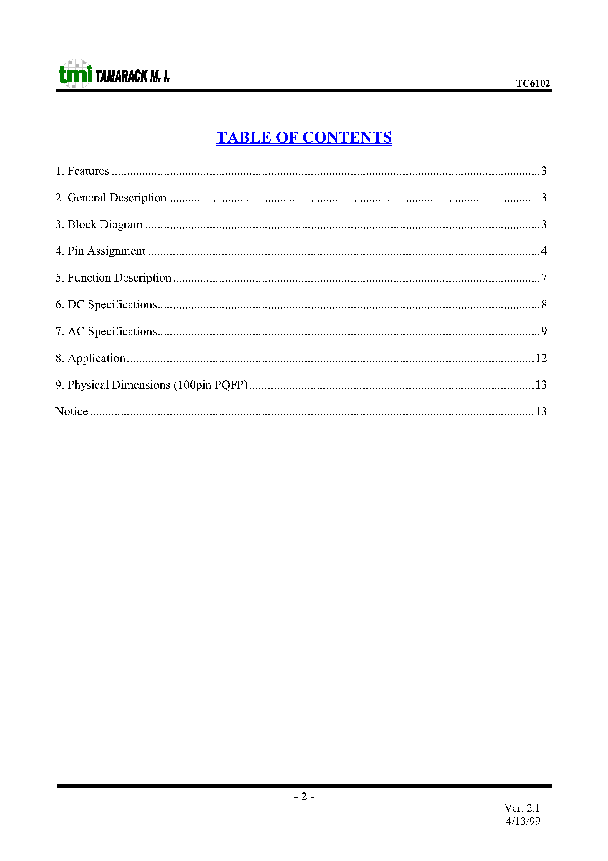 Даташит TC6102 - 2 PORT 10/100 M ETHERNET SWITCH CONTROLLER страница 2