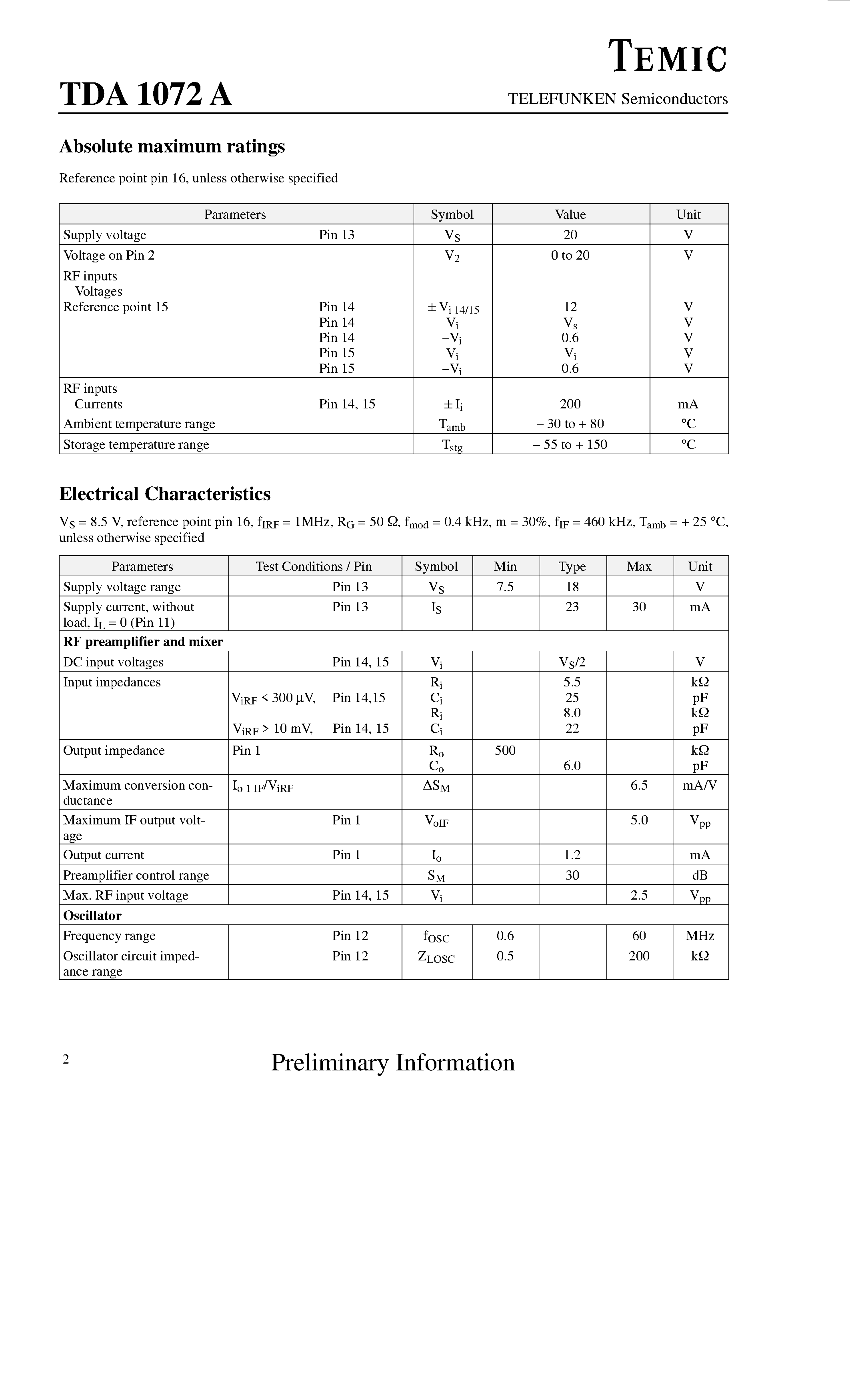 Datasheet TDA1072A page 2 Datasheet TDA1072A - AM Receiver Circuit page 2