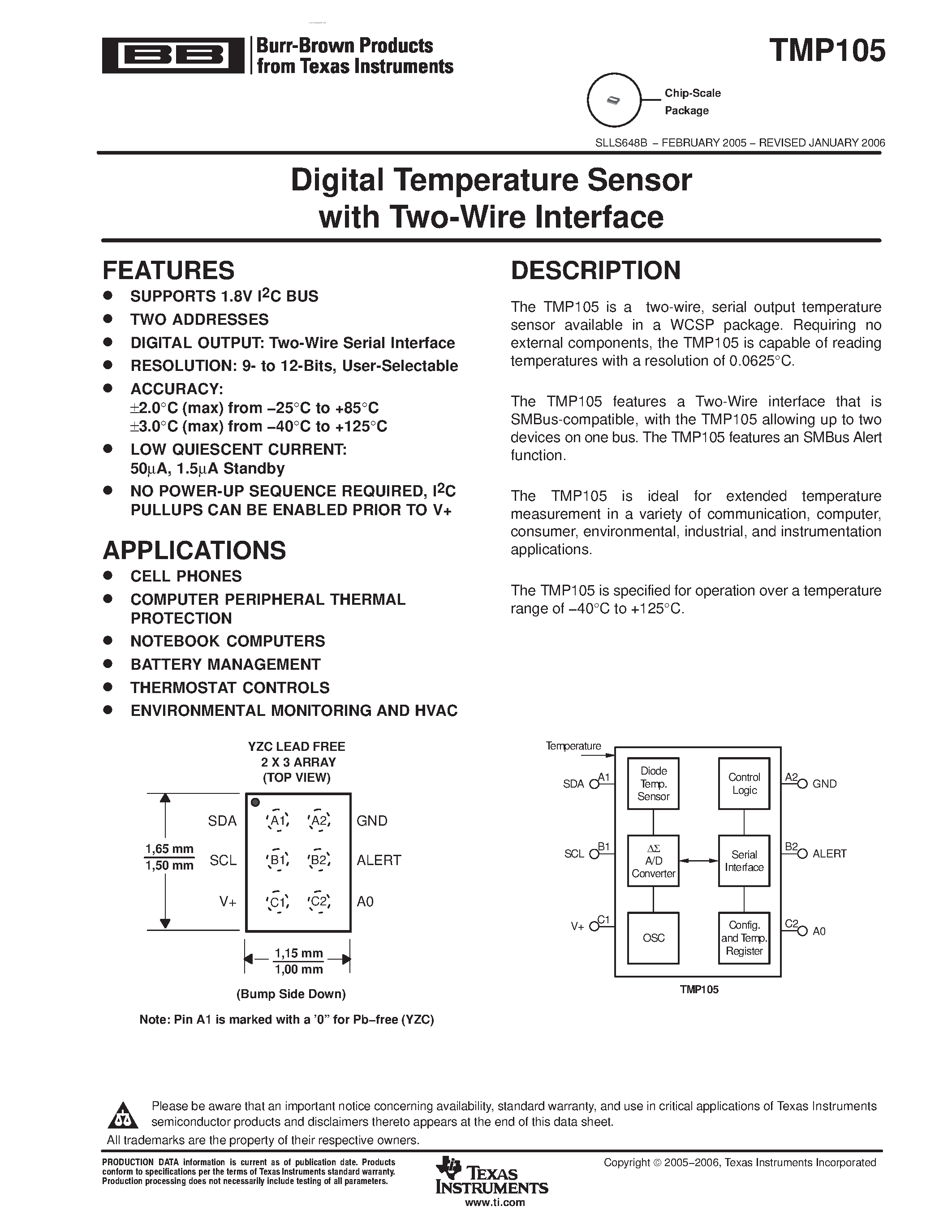 Даташит TMP105 - Digital Temperature Sensor страница 1