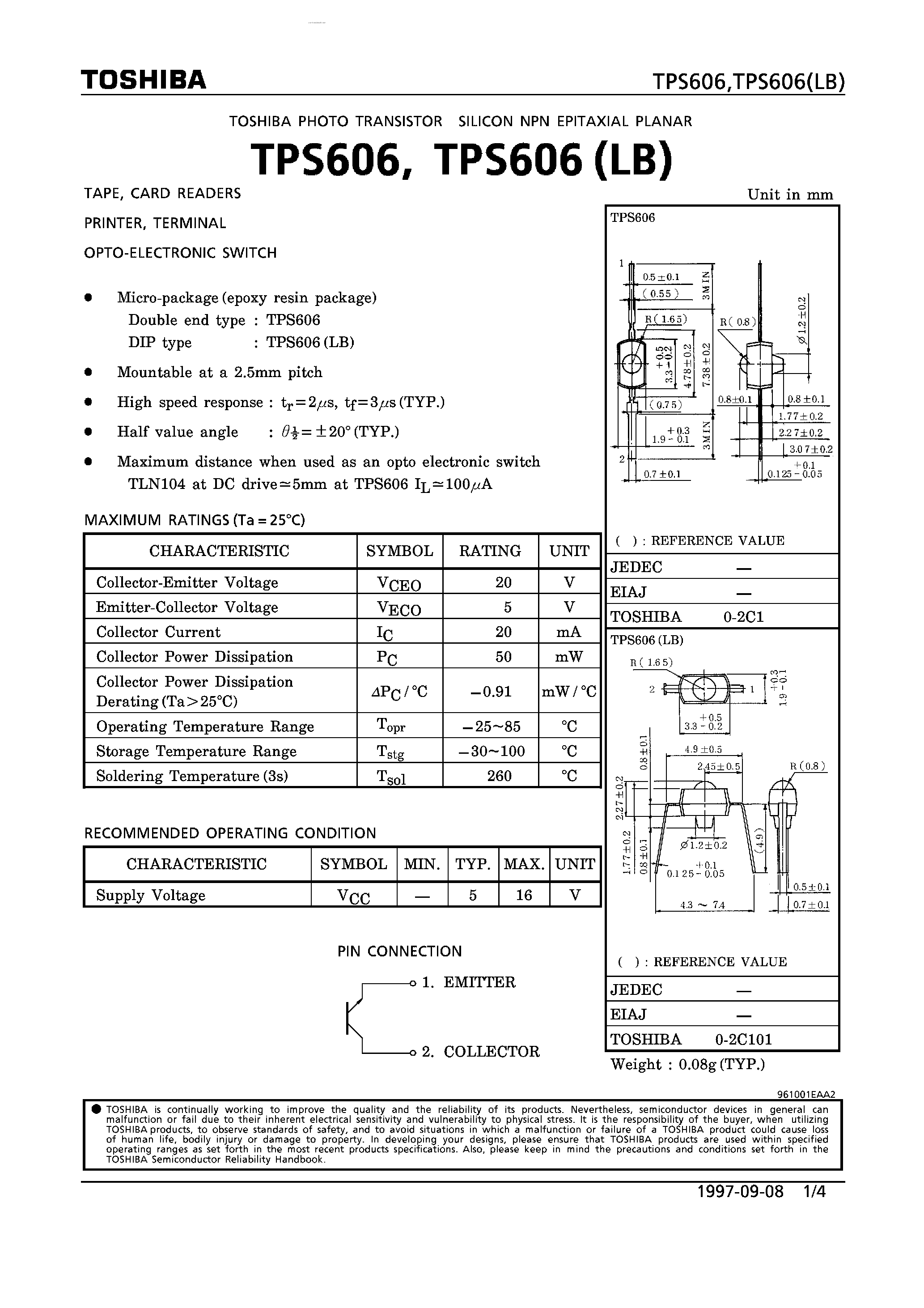 Datasheet TPS606 page 1 Datasheet TPS606 - TERMINAL OPTO-ELECTRONIC SWITCH page 1