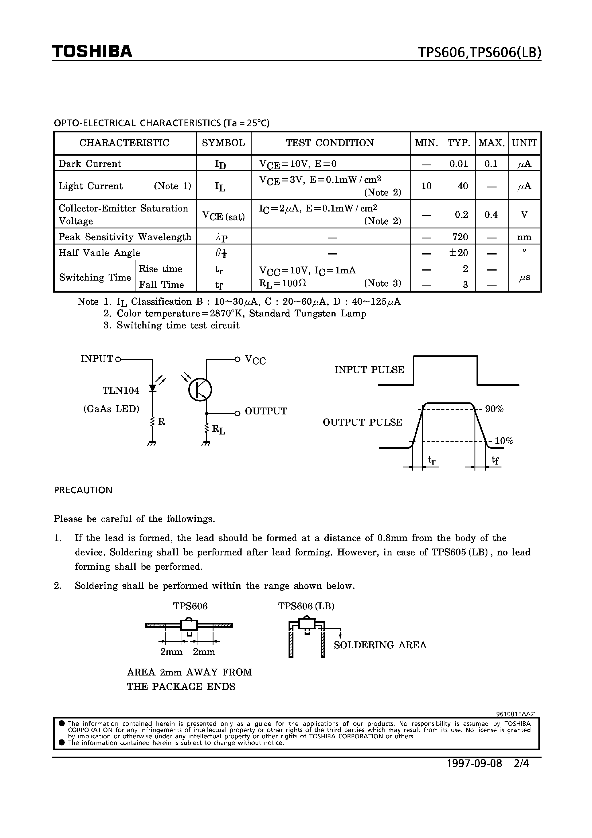 Datasheet TPS606 page 2 Datasheet TPS606 - TERMINAL OPTO-ELECTRONIC SWITCH page 2
