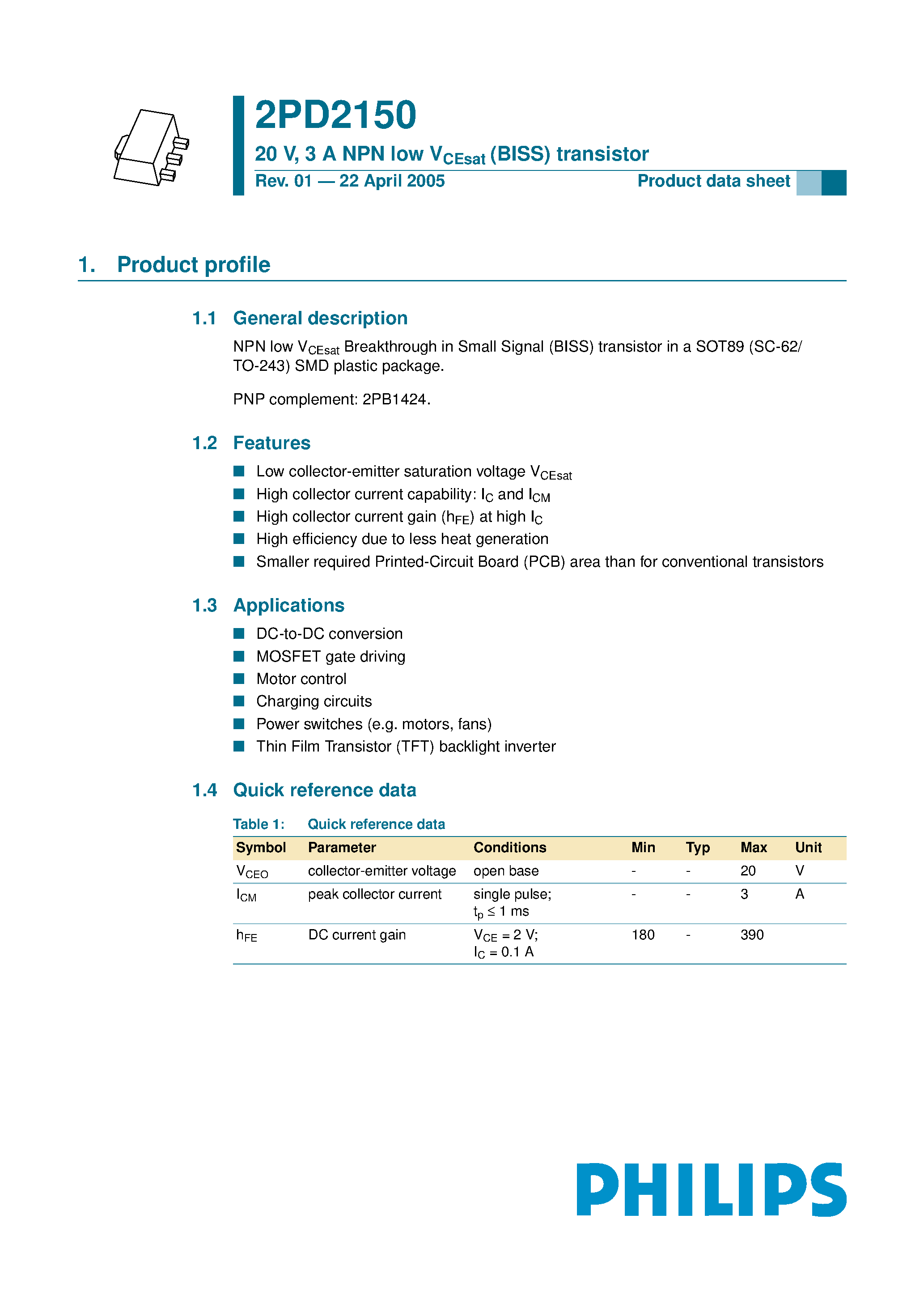 Datasheet 2PD2150 - NPN low VCEsat transistor page 1