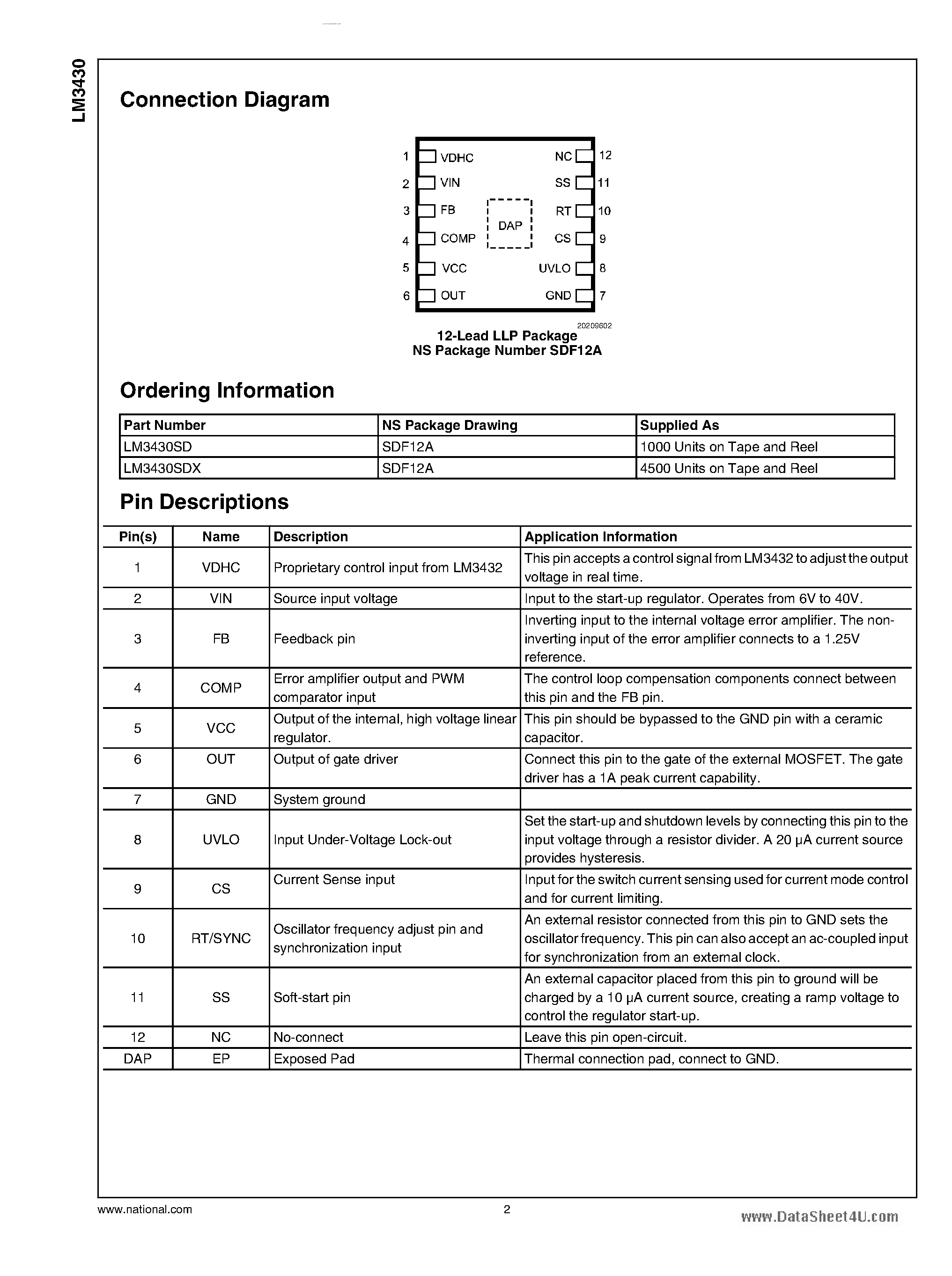 Datasheet LM3430 - high voltage low-side N-channel MOSFET controller page 2