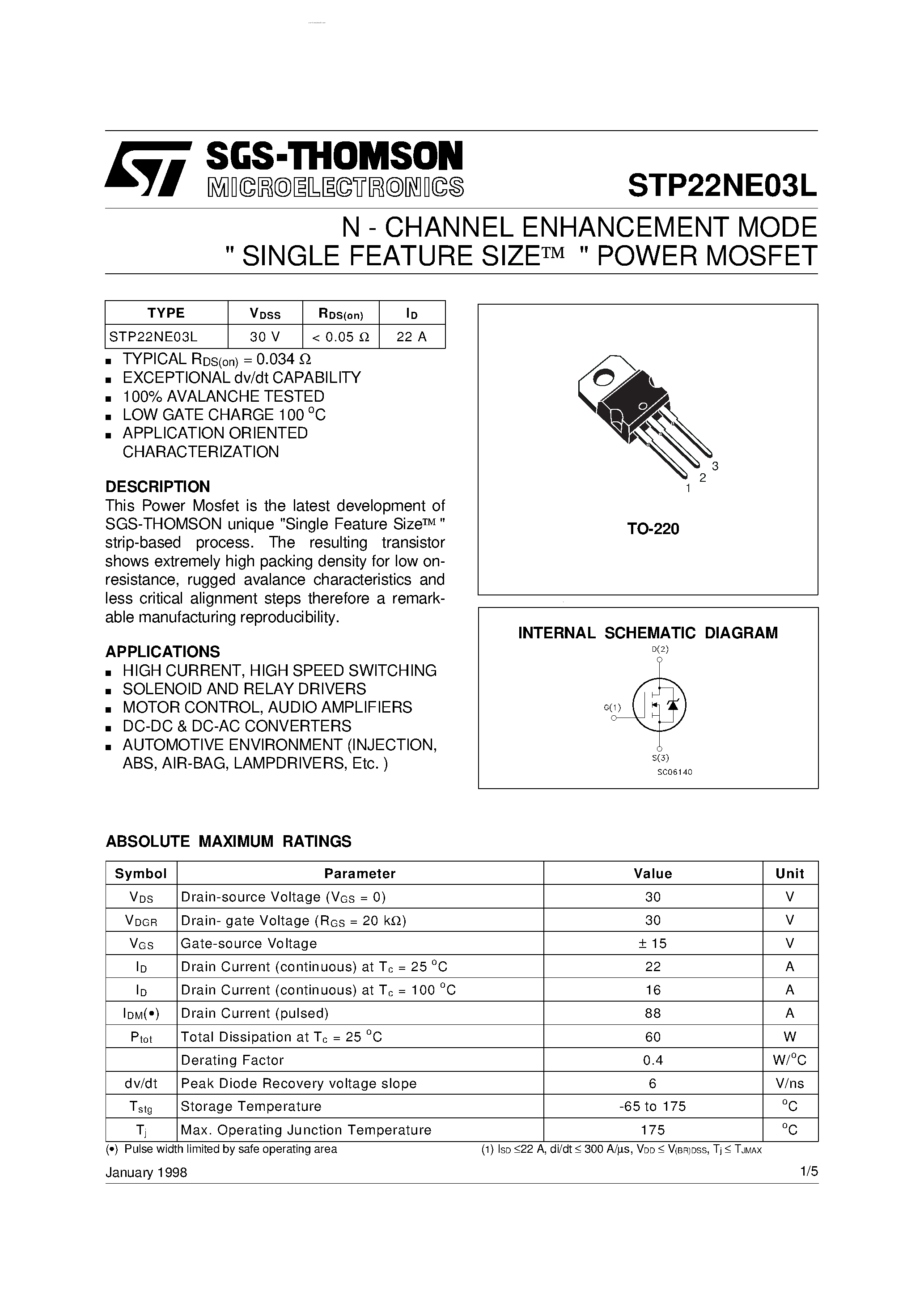Datasheet STP22NE03L - N-CHANNEL ENHANCEMENT MODE SINGLE FEATURE SIZE POWER MOSFET page 1