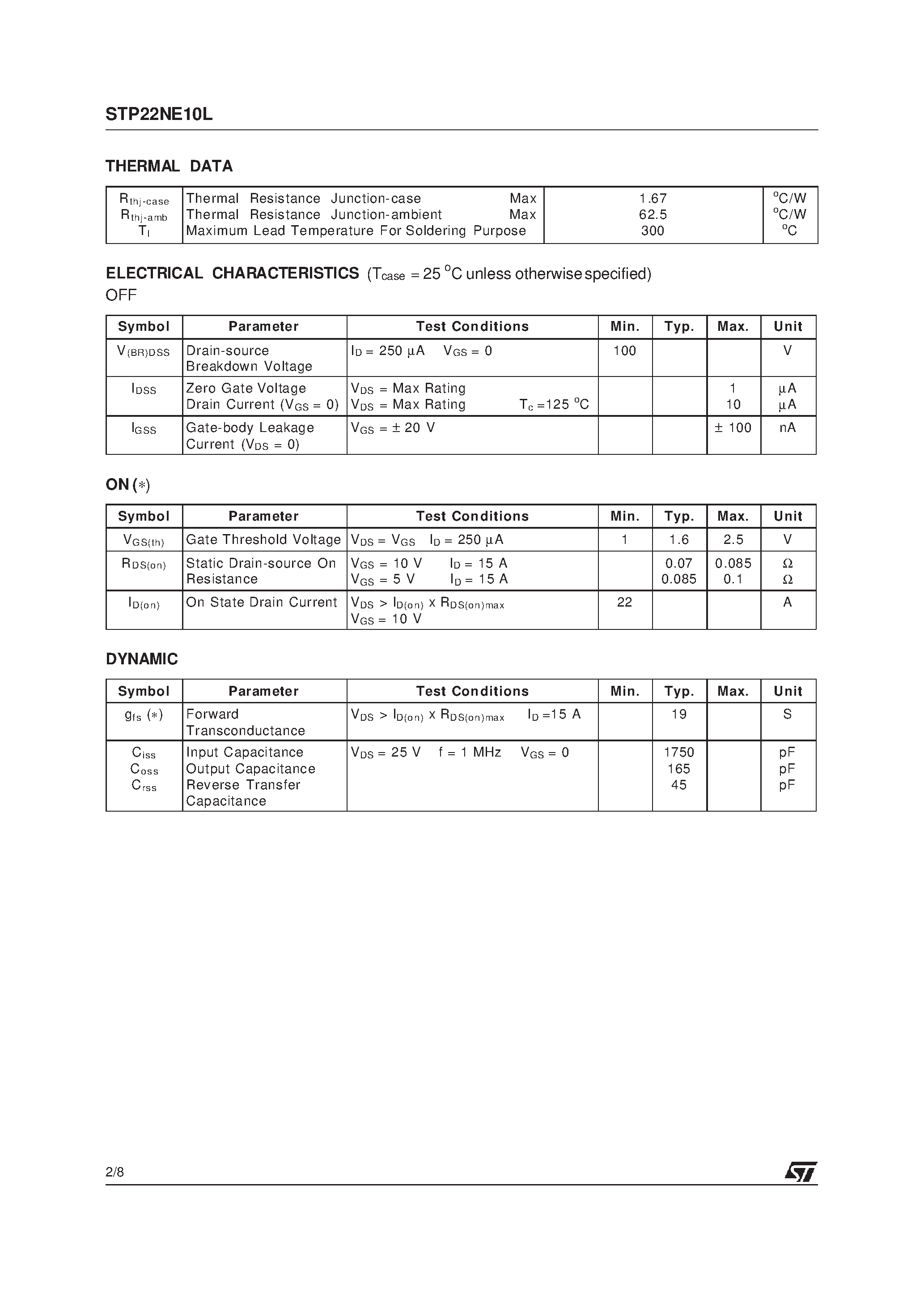 Datasheet STP22NE10L - N-CHANNEL STripFET POWER MOSFET page 2