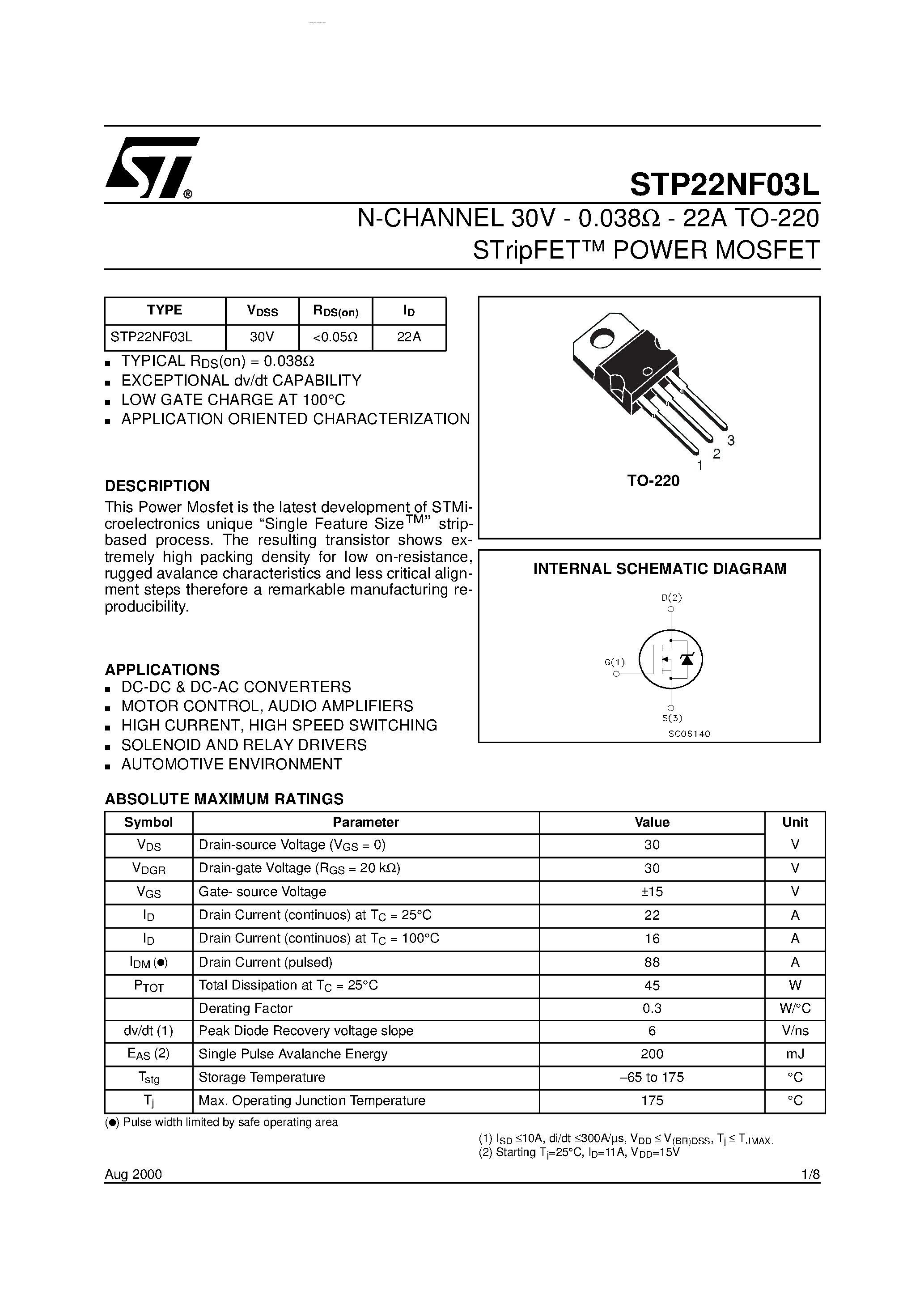 Datasheet STP22NF03L - N-CHANNEL POWER MOSFET page 1