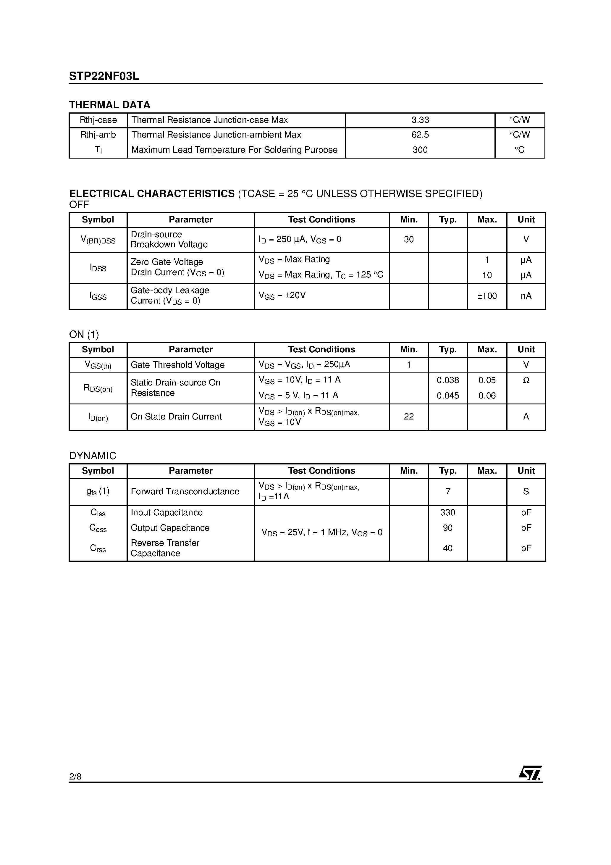 Datasheet STP22NF03L - N-CHANNEL POWER MOSFET page 2