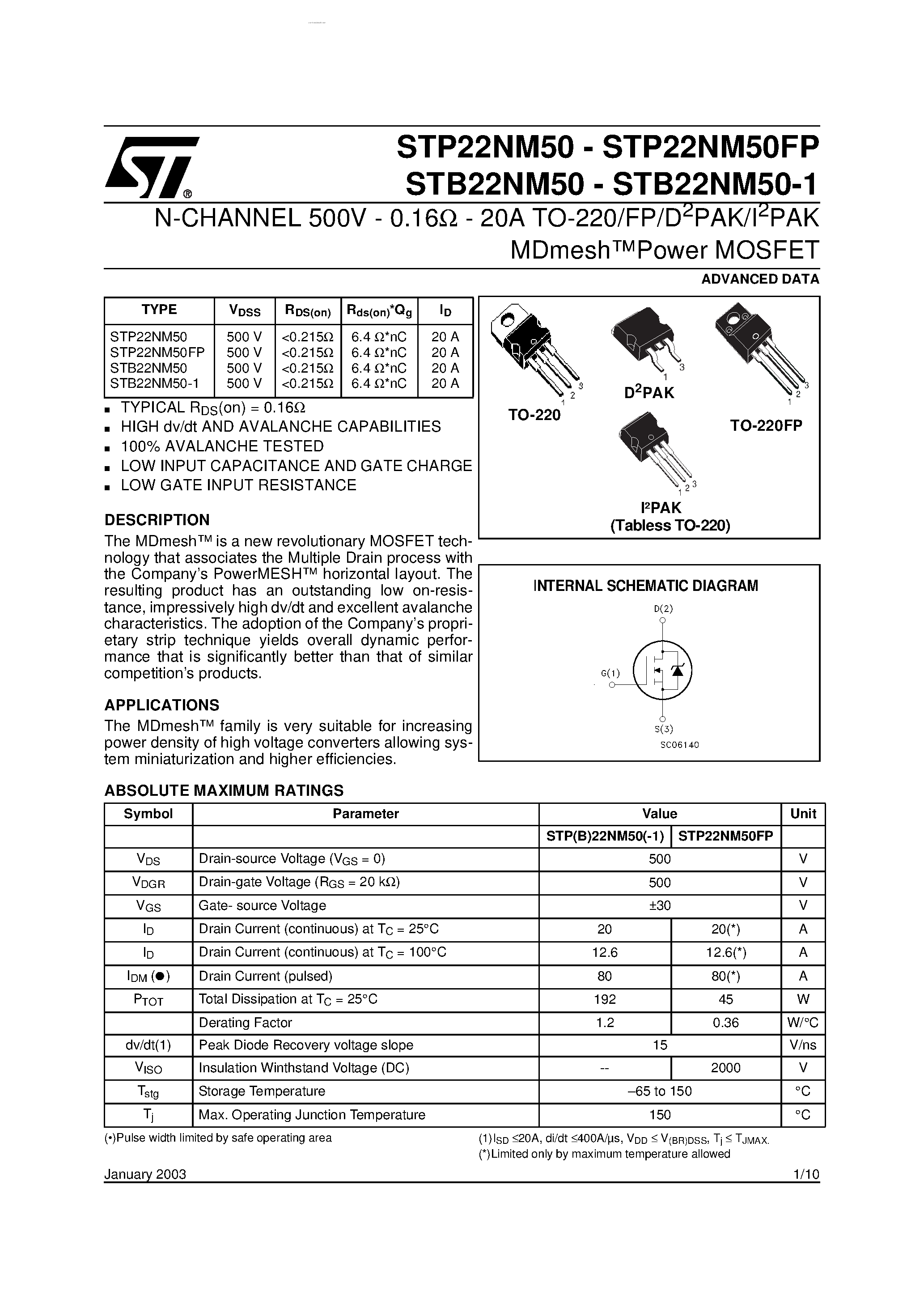 Datasheet STB22NM50 - N-CHANNEL Power MOSFET page 1