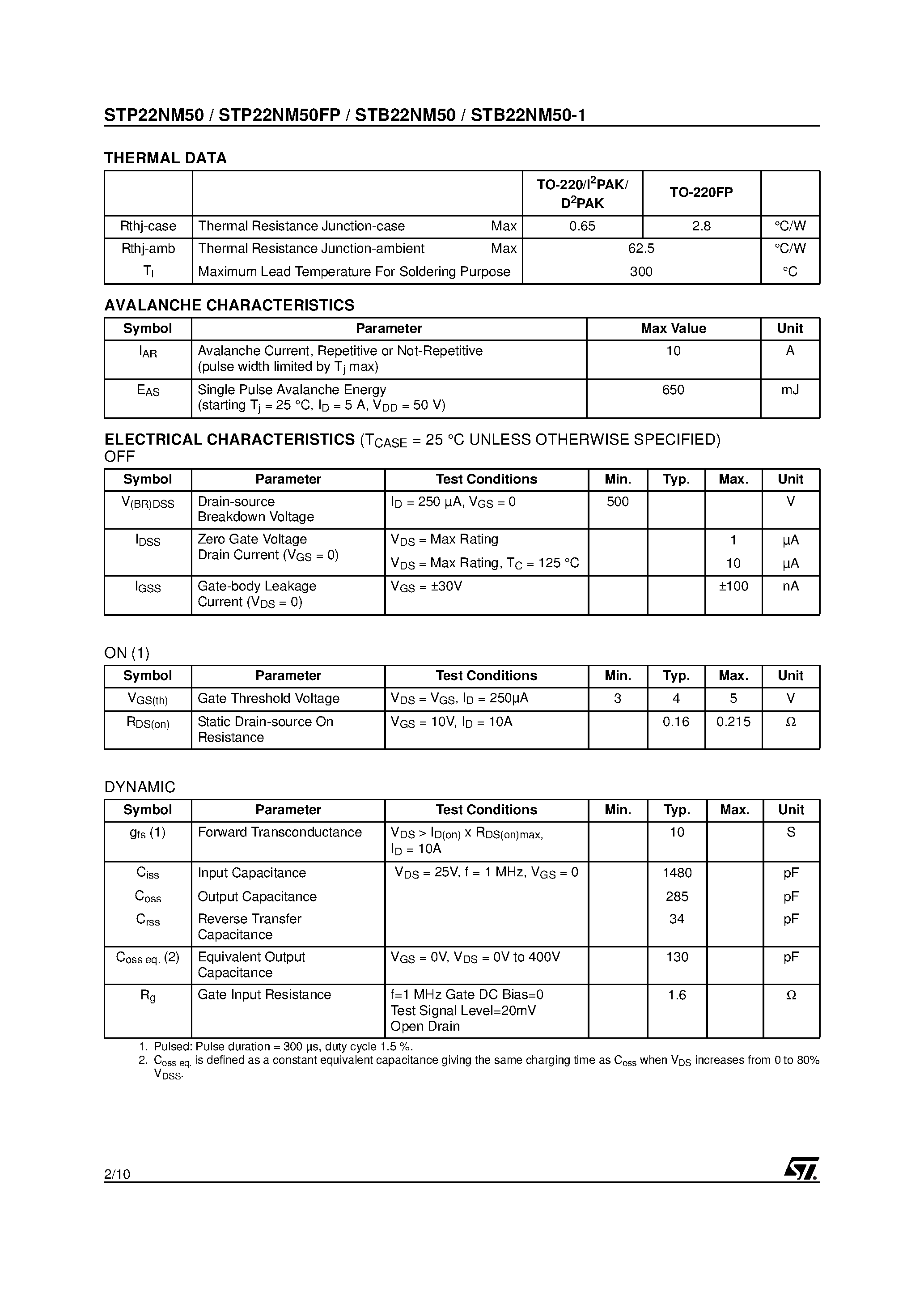 Datasheet STB22NM50 - N-CHANNEL Power MOSFET page 2