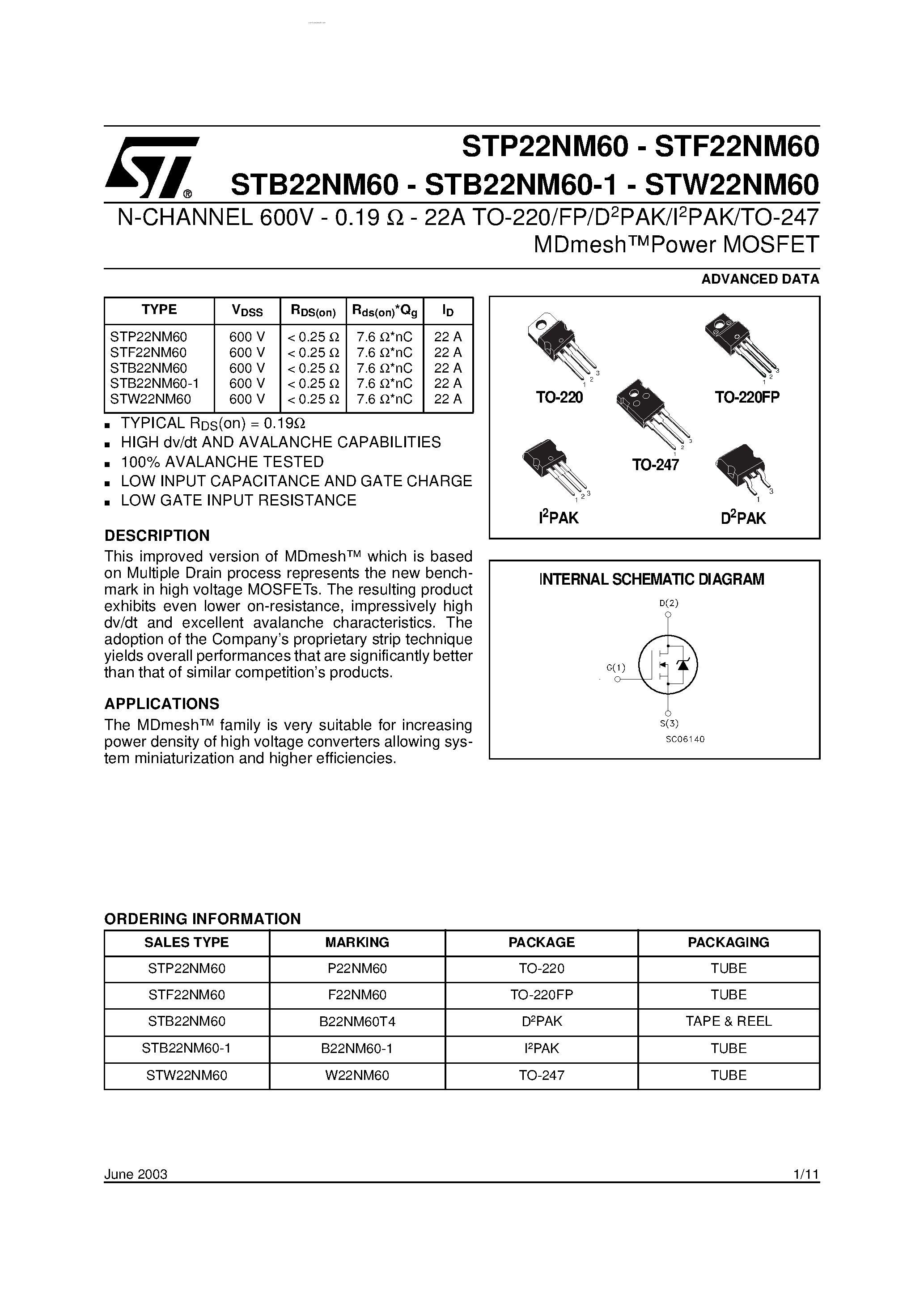 Datasheet STB22NM60 - N-CHANNEL Power MOSFET page 1