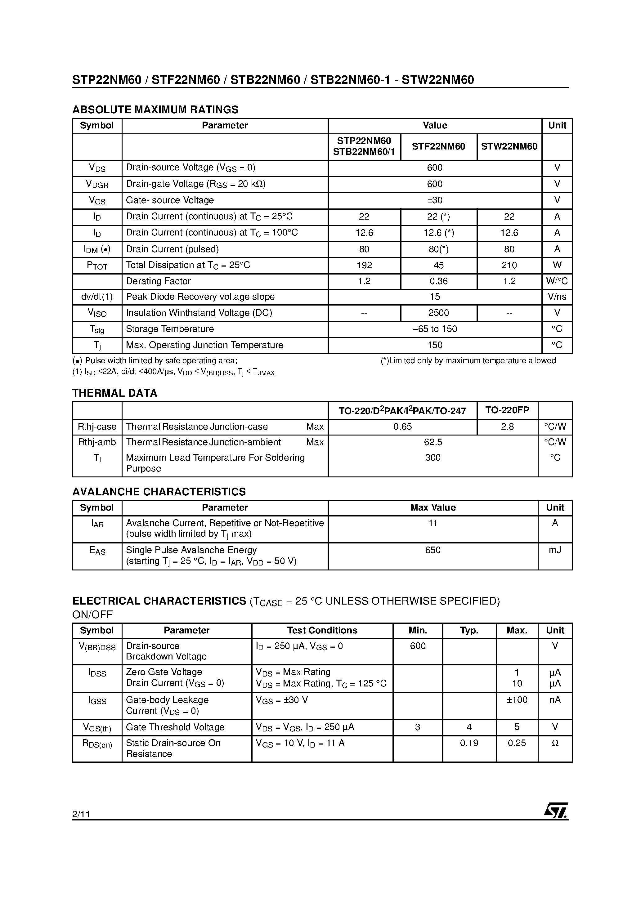 Datasheet STB22NM60 - N-CHANNEL Power MOSFET page 2