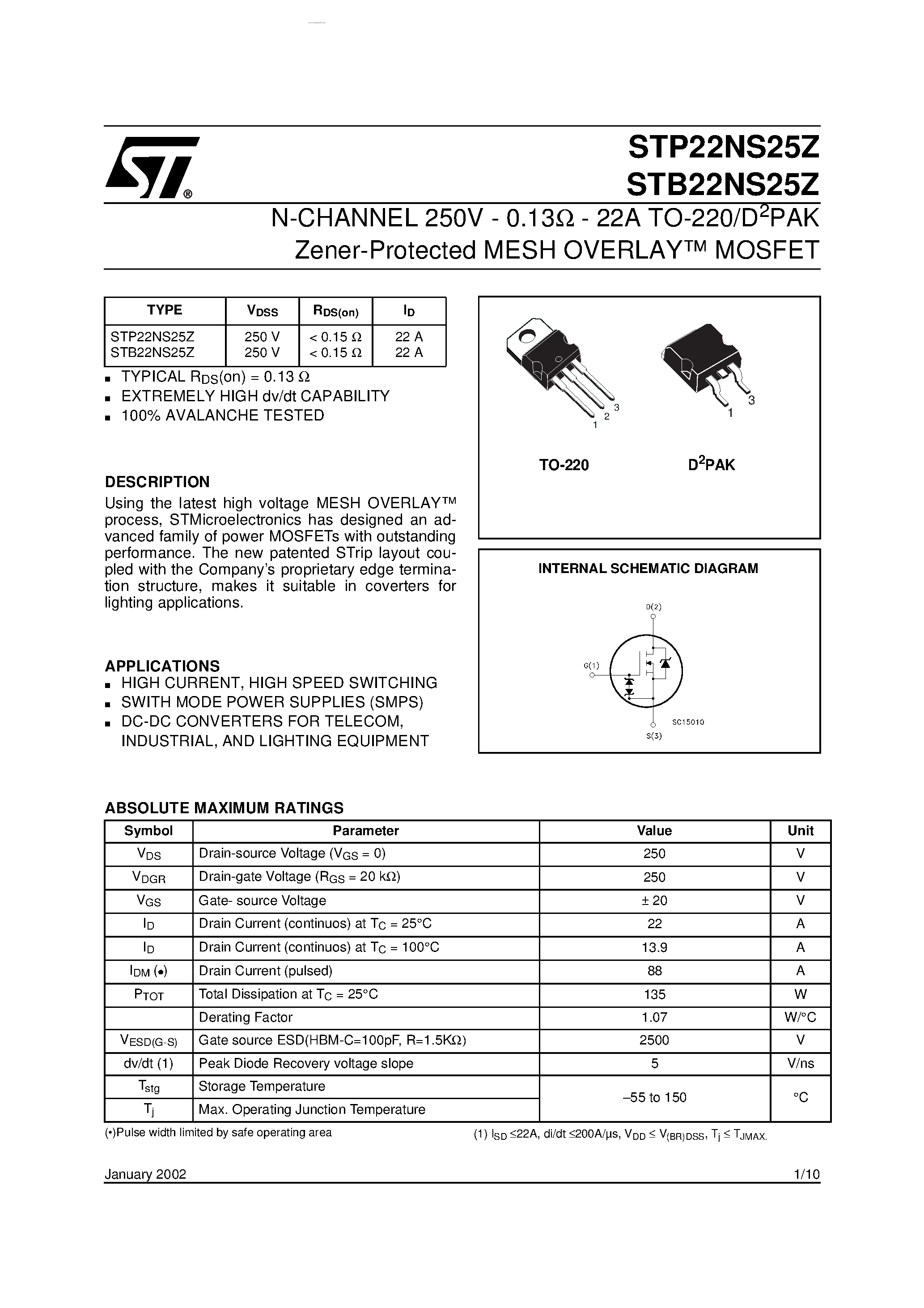 Datasheet STP22NS25Z - N-CHANNEL MOSFET page 1
