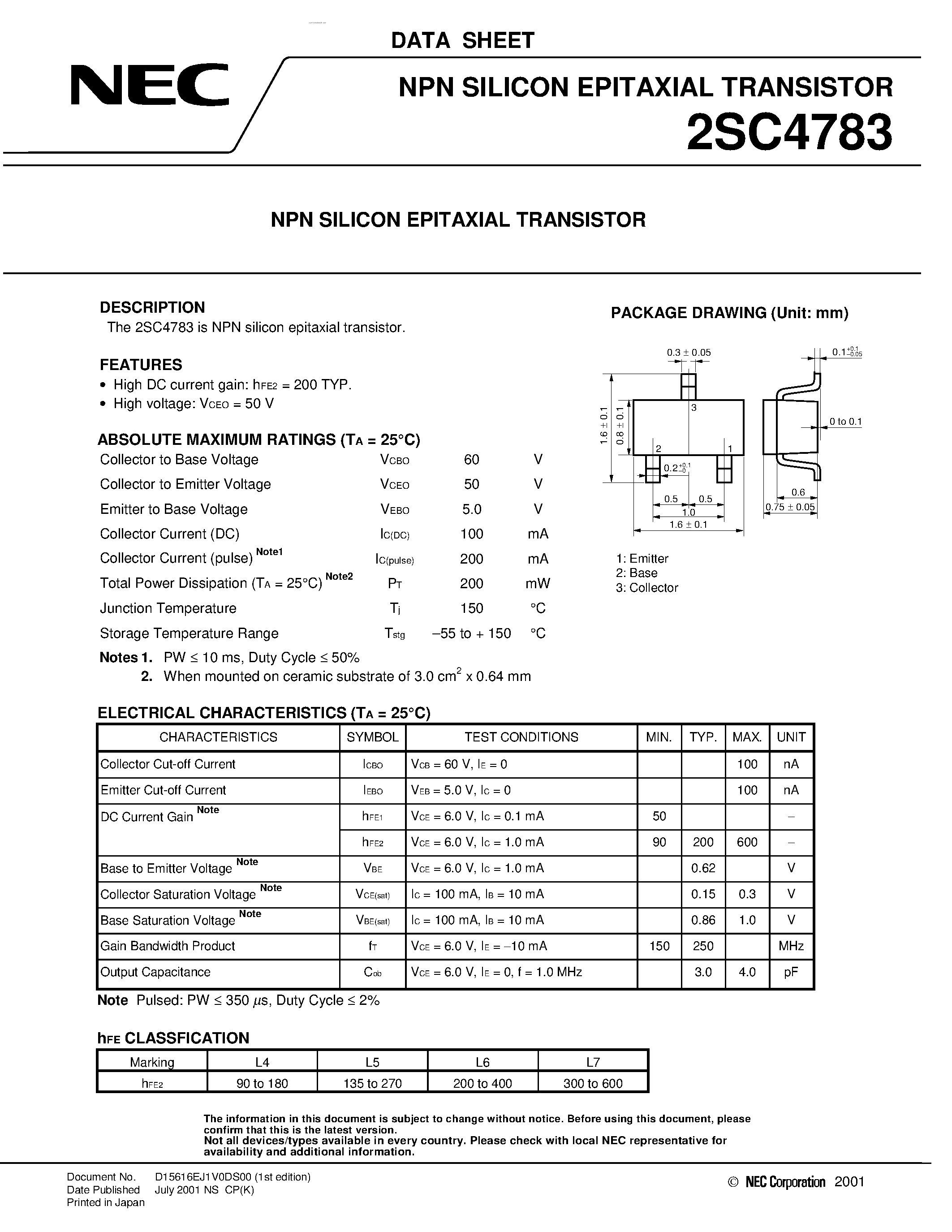 Datasheet 2SC4783 page 1 Datasheet 2SC4783 - NPN SILICON EPITAXIAL TRANSISTOR page 1