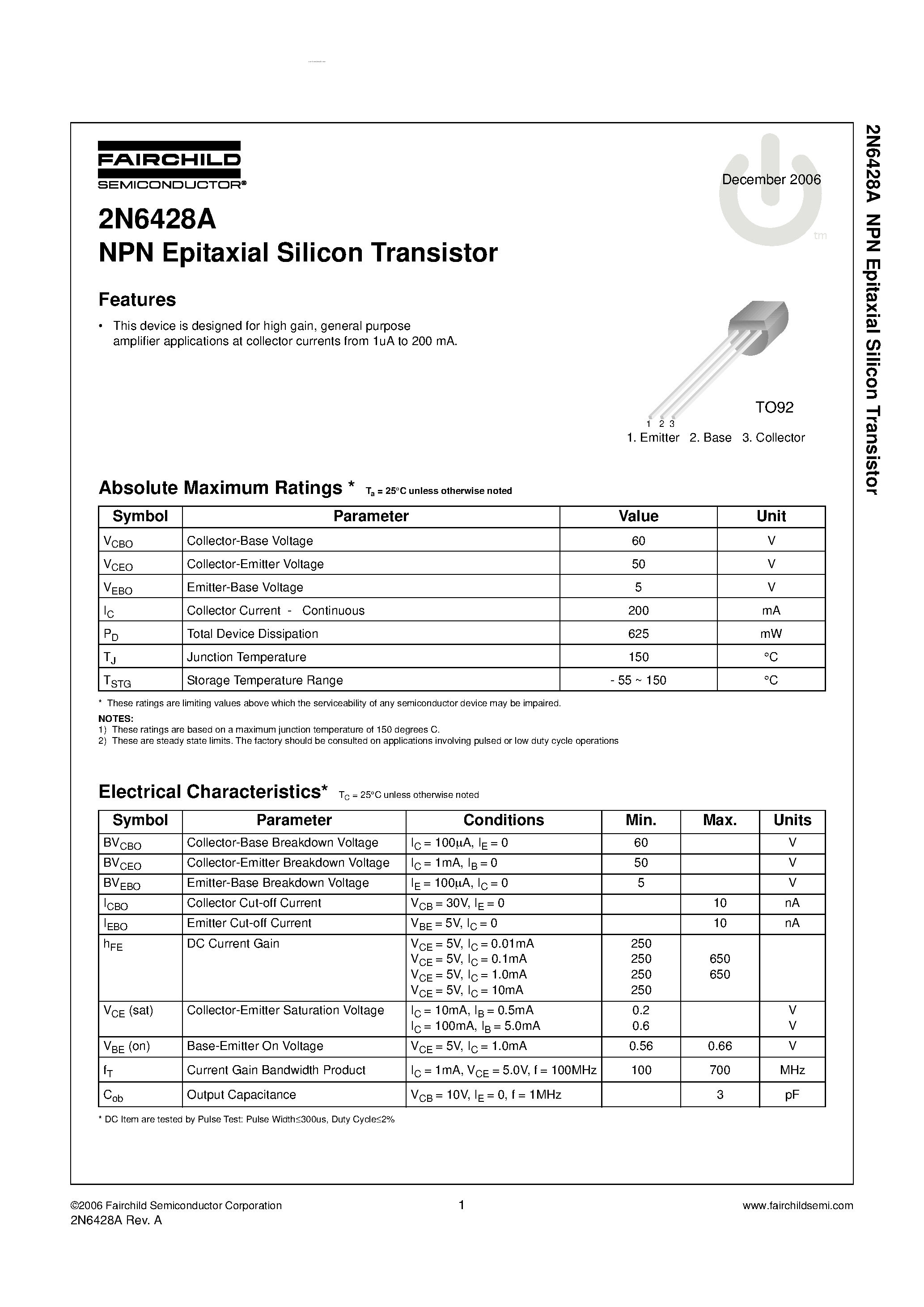 Datasheet 2N6428A - NPN Epitaxial Silicon Transistor page 1
