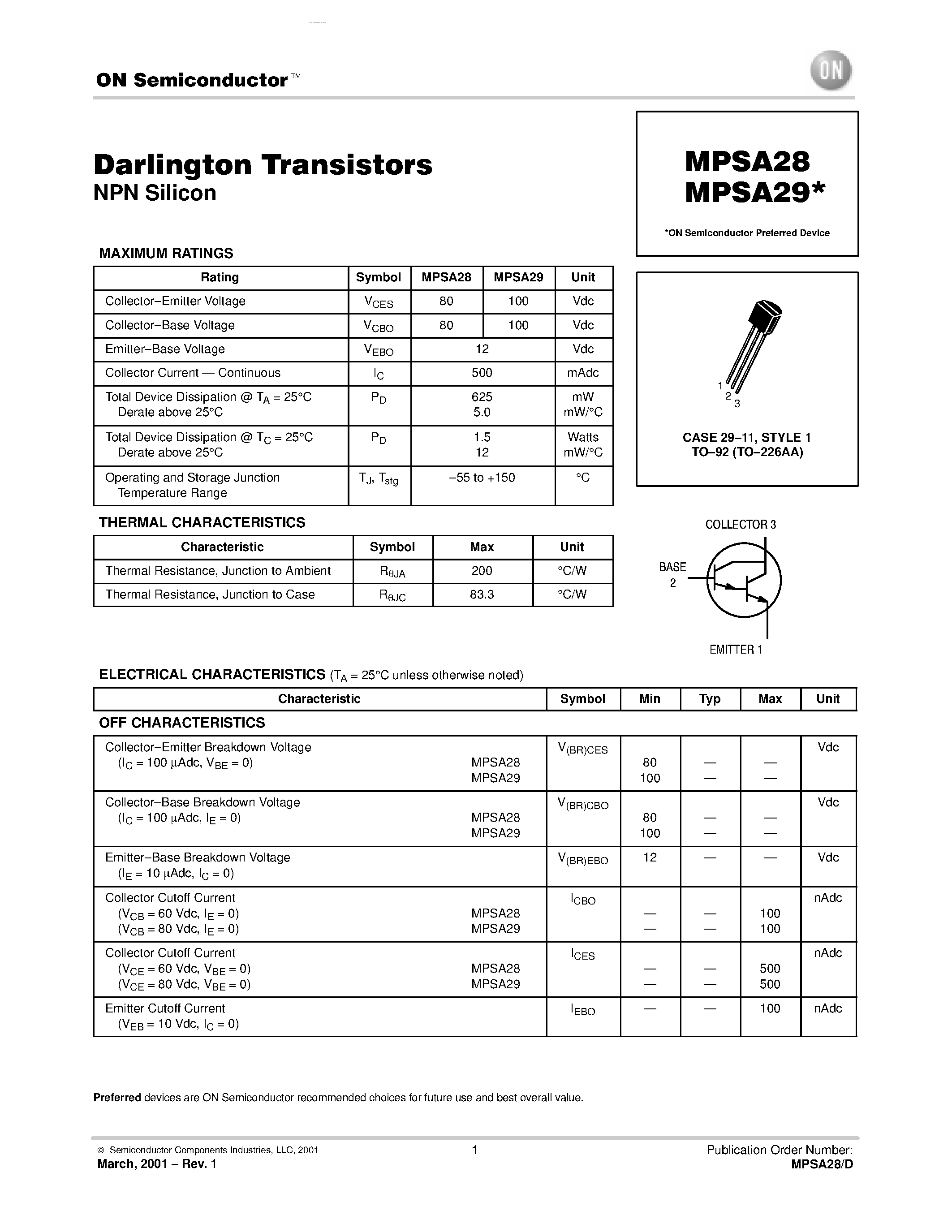 Datasheet MPSA28 page 1 Datasheet MPSA28 - (MPSA28 / MPSA29) Darlington Transistors page 1