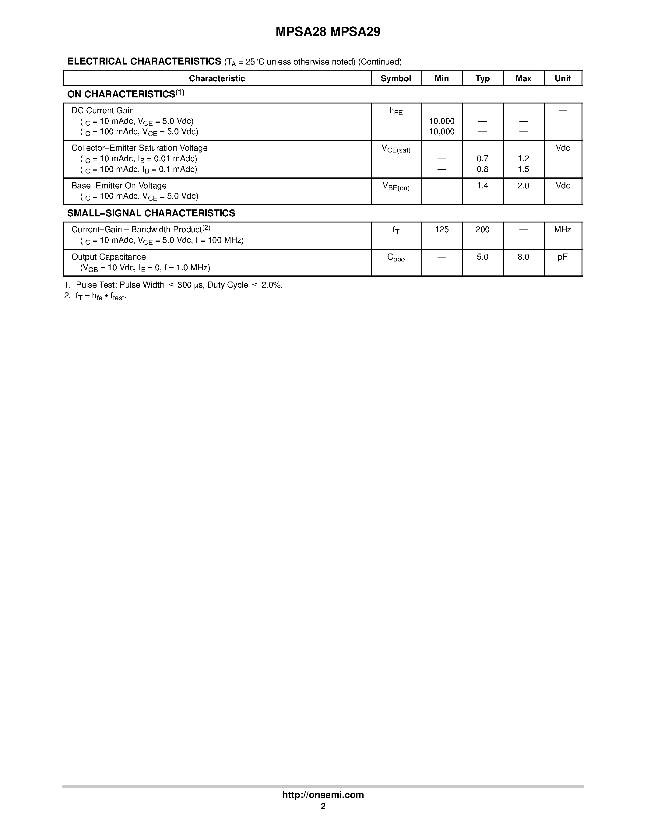 Datasheet MPSA28 page 2 Datasheet MPSA28 - (MPSA28 / MPSA29) Darlington Transistors page 2