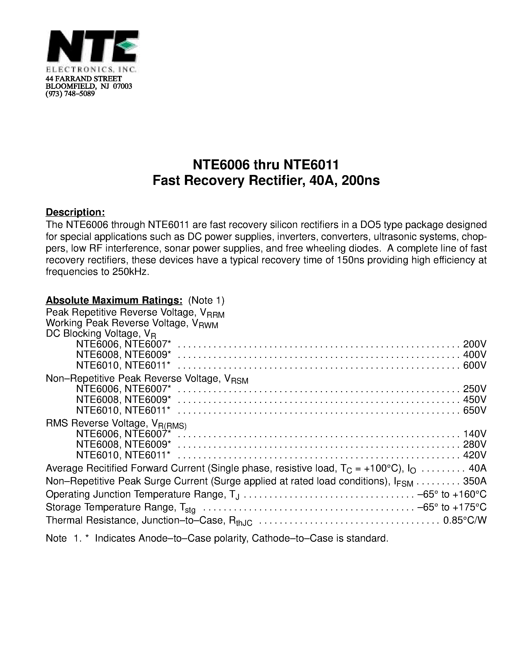 Даташит NTE6006 - (NTE6006 - NTE6011) Fast Recovery Rectifier / 40A / 200ns страница 1