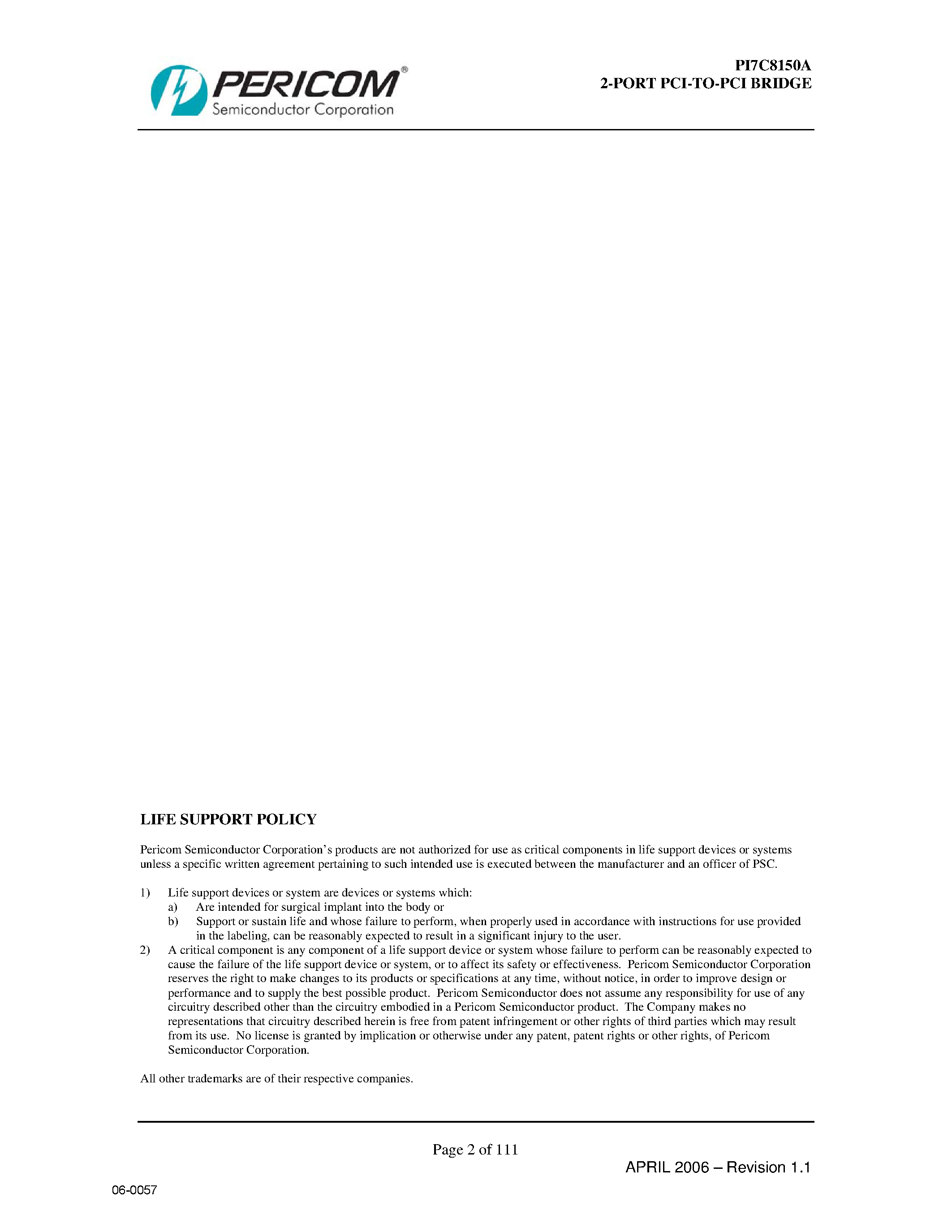 Datasheet PI7C8150A - 2-PORT PCI-to-PCI BRIDGE page 2