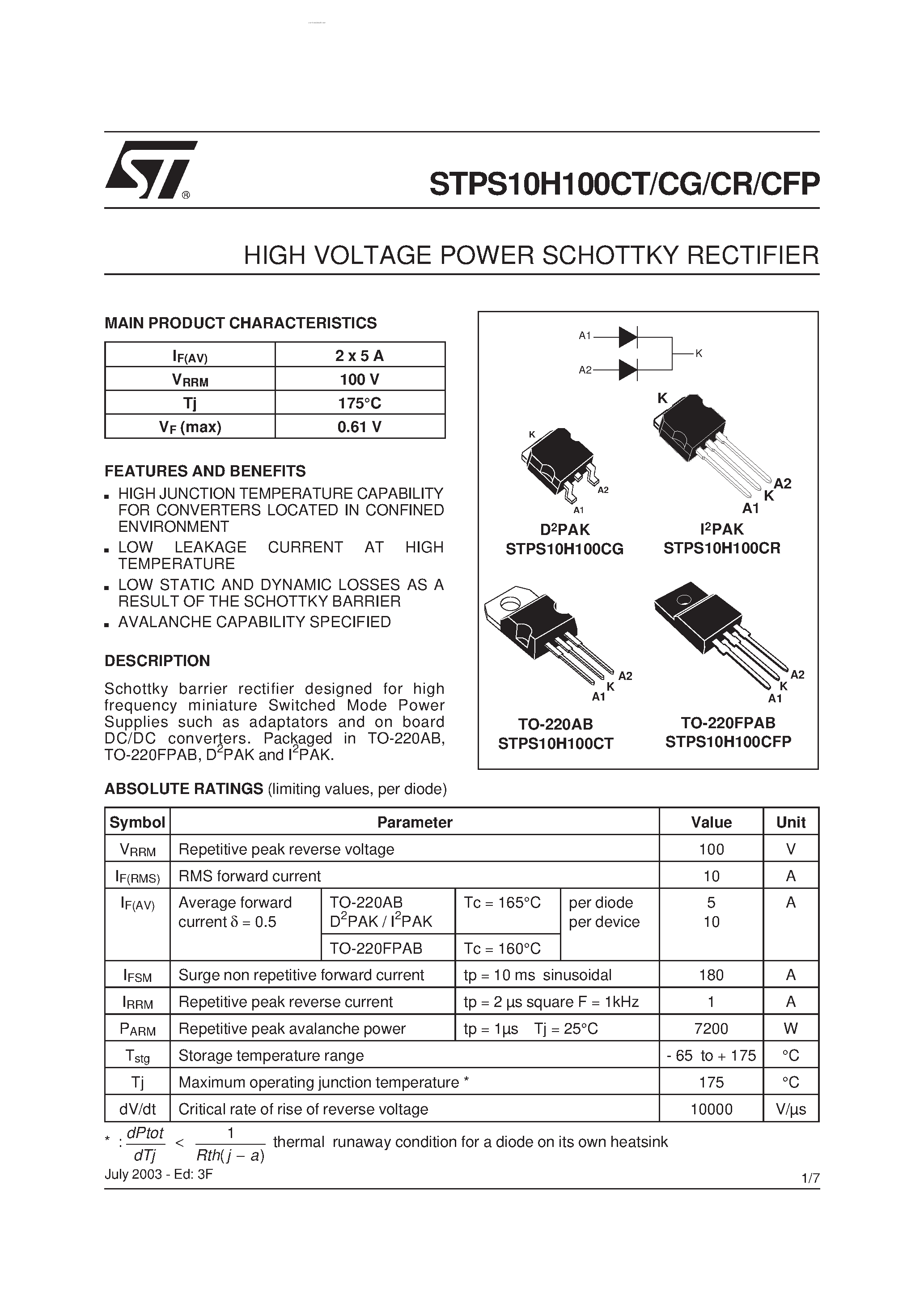 Datasheet STPS10H100 - HIGH VOLTAGE POWER SCHOTTKY RECTIFIER page 1