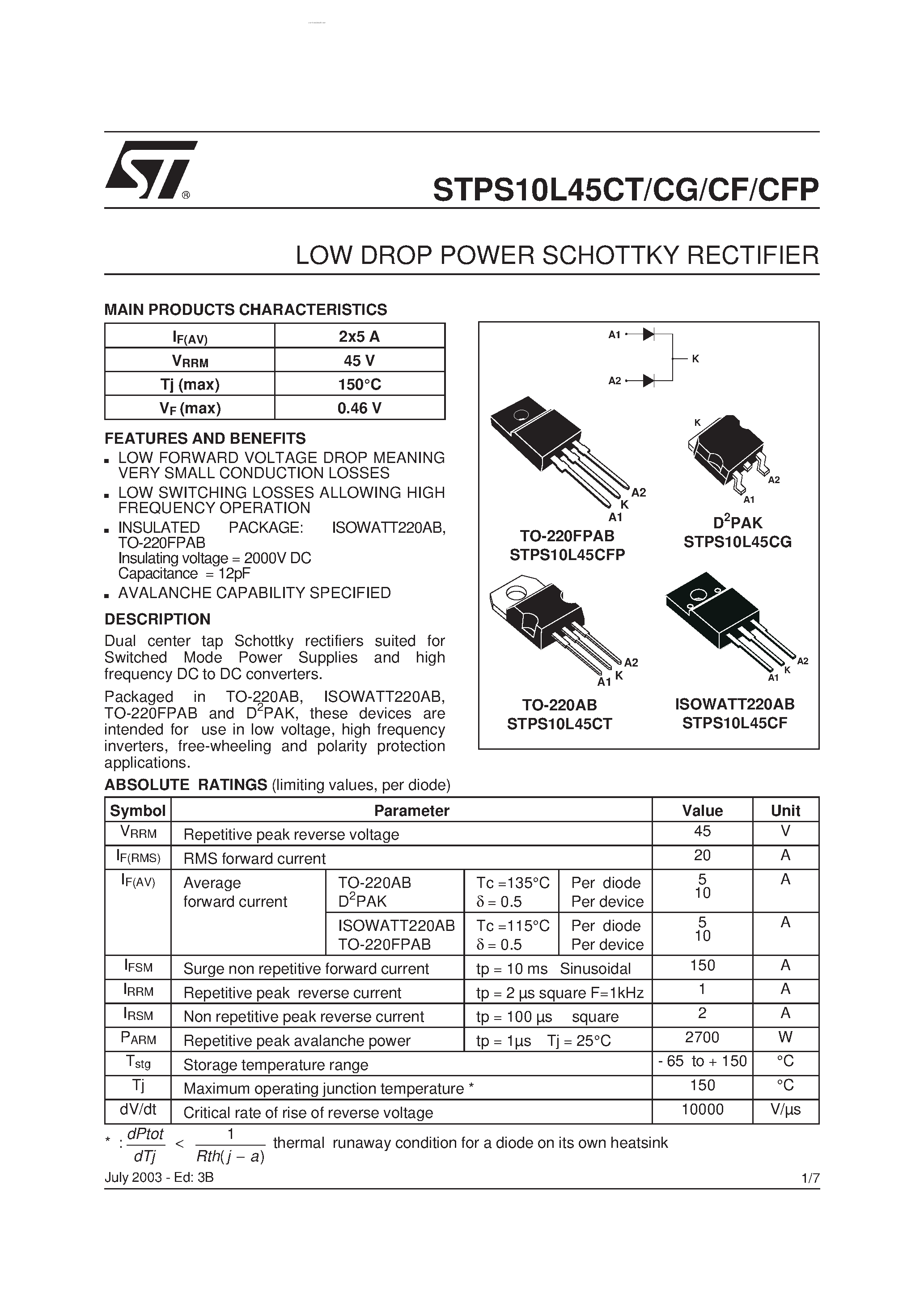 Datasheet STPS10L45 page 1 Datasheet STPS10L45 - LOW DROP POWER SCHOTTKY RECTIFIER page 1
