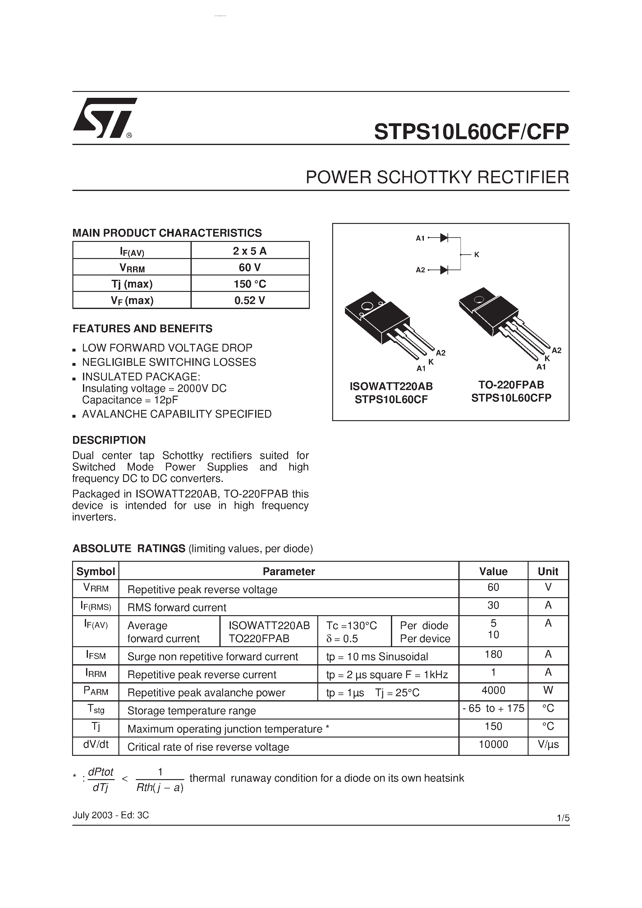 Datasheet STPS10L60CF page 1 Datasheet STPS10L60CF - POWER SCHOTTKY RECTIFIER page 1